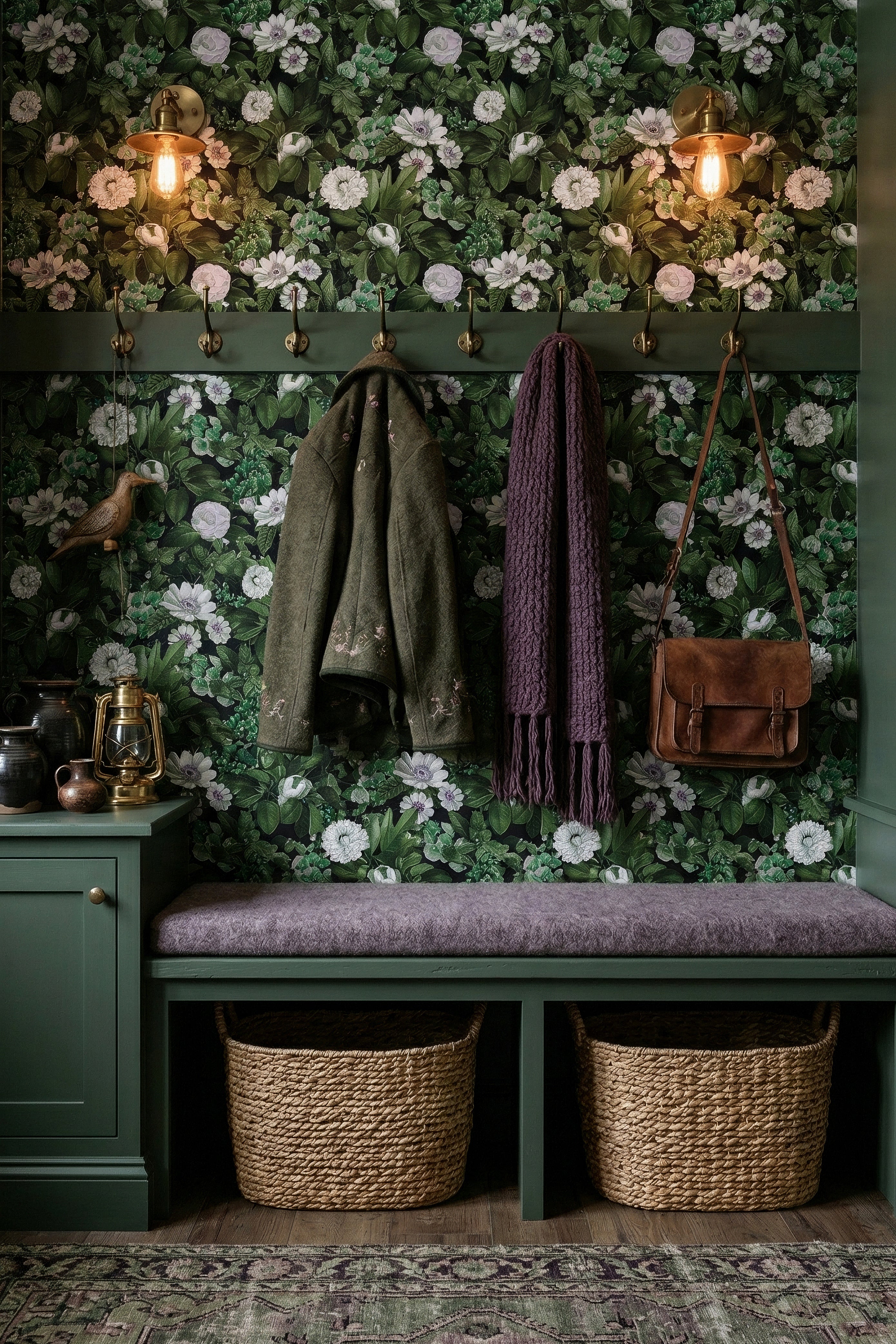 Deep Flora wallpaper shown in a mudroom