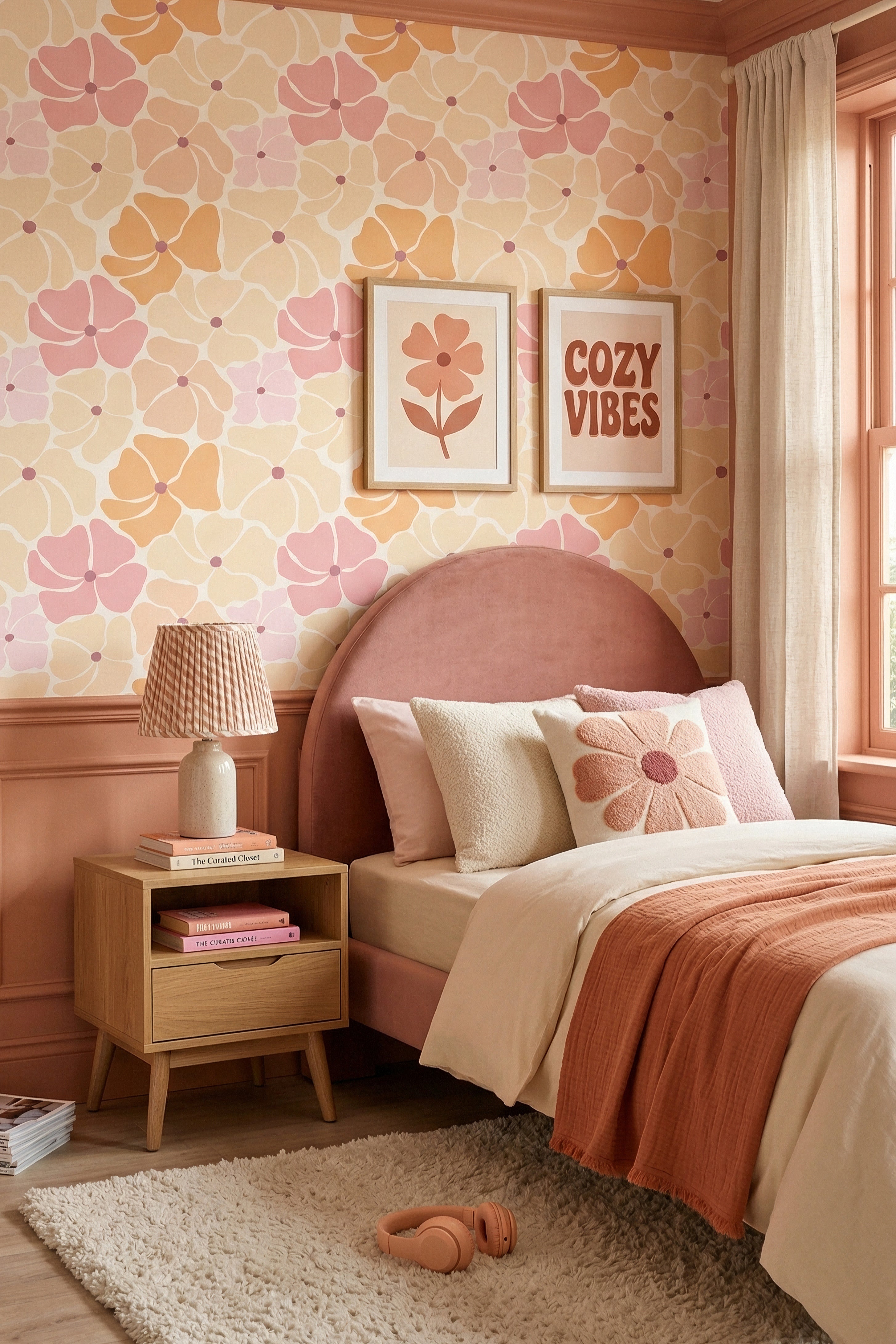 Flower Pop wallpaper shown in a bedroom