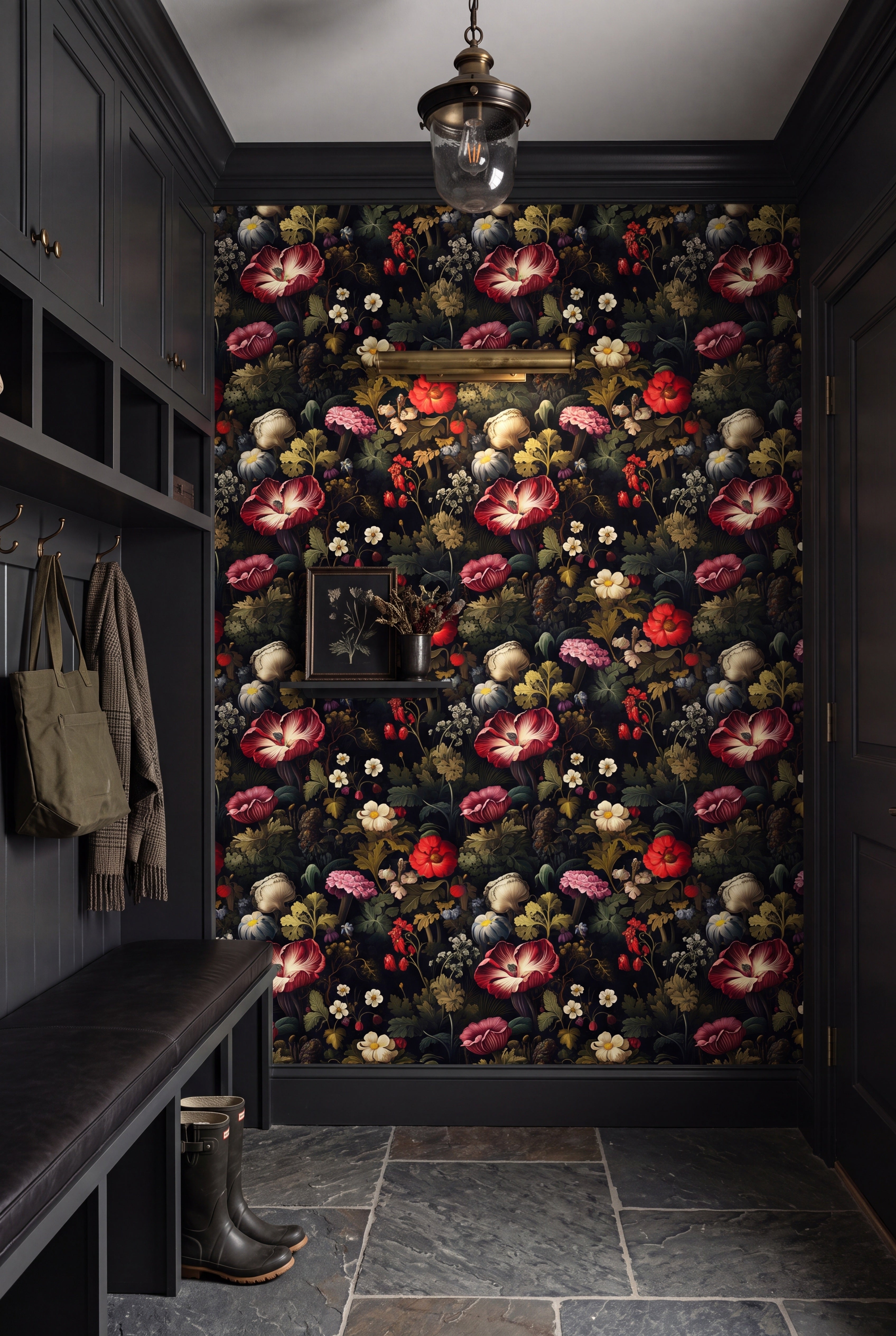 Amsterdam Dusk wallpaper shown in a mudroom