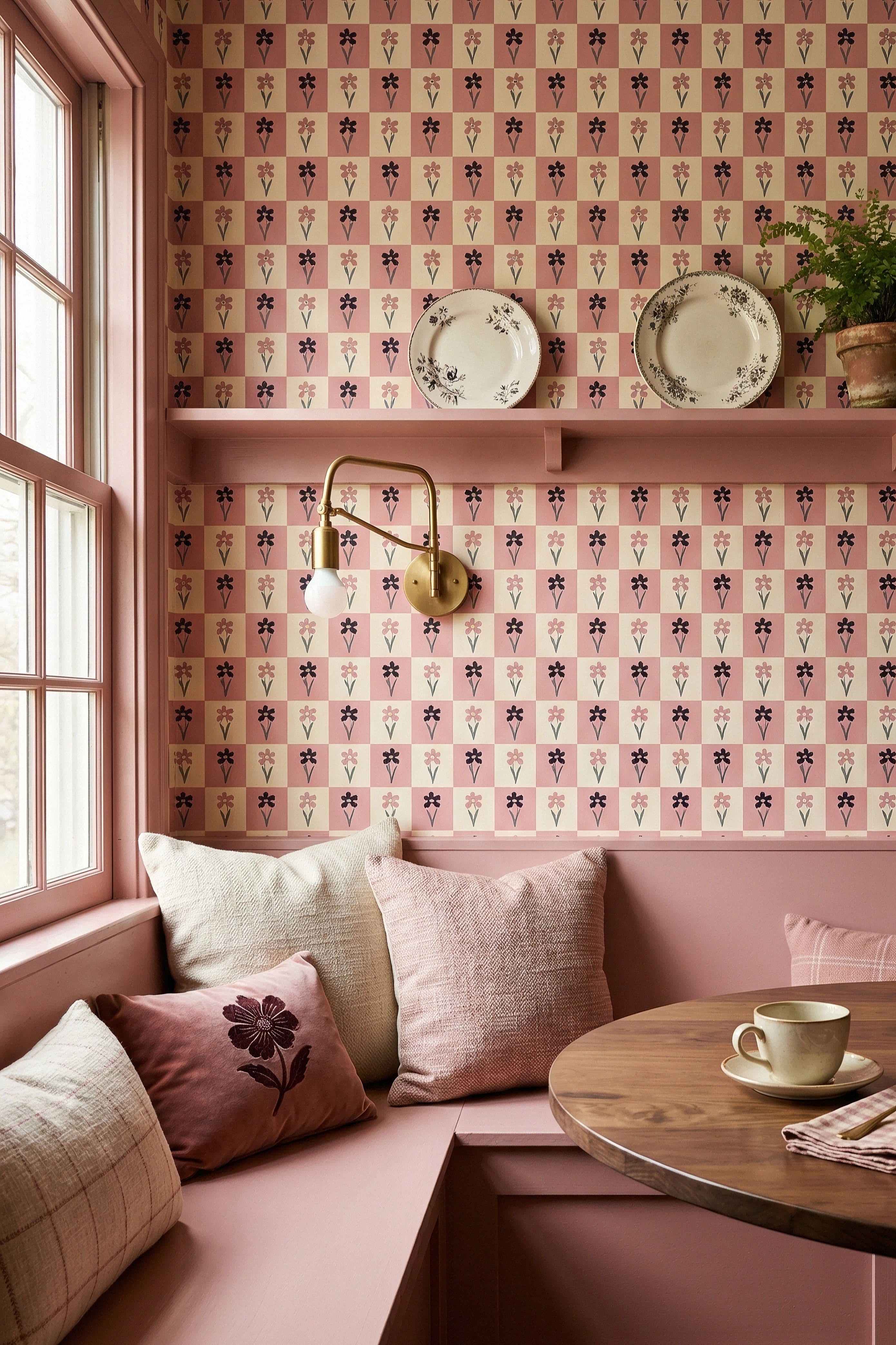 Checkerbloom wallpaper shown in a cozy nook