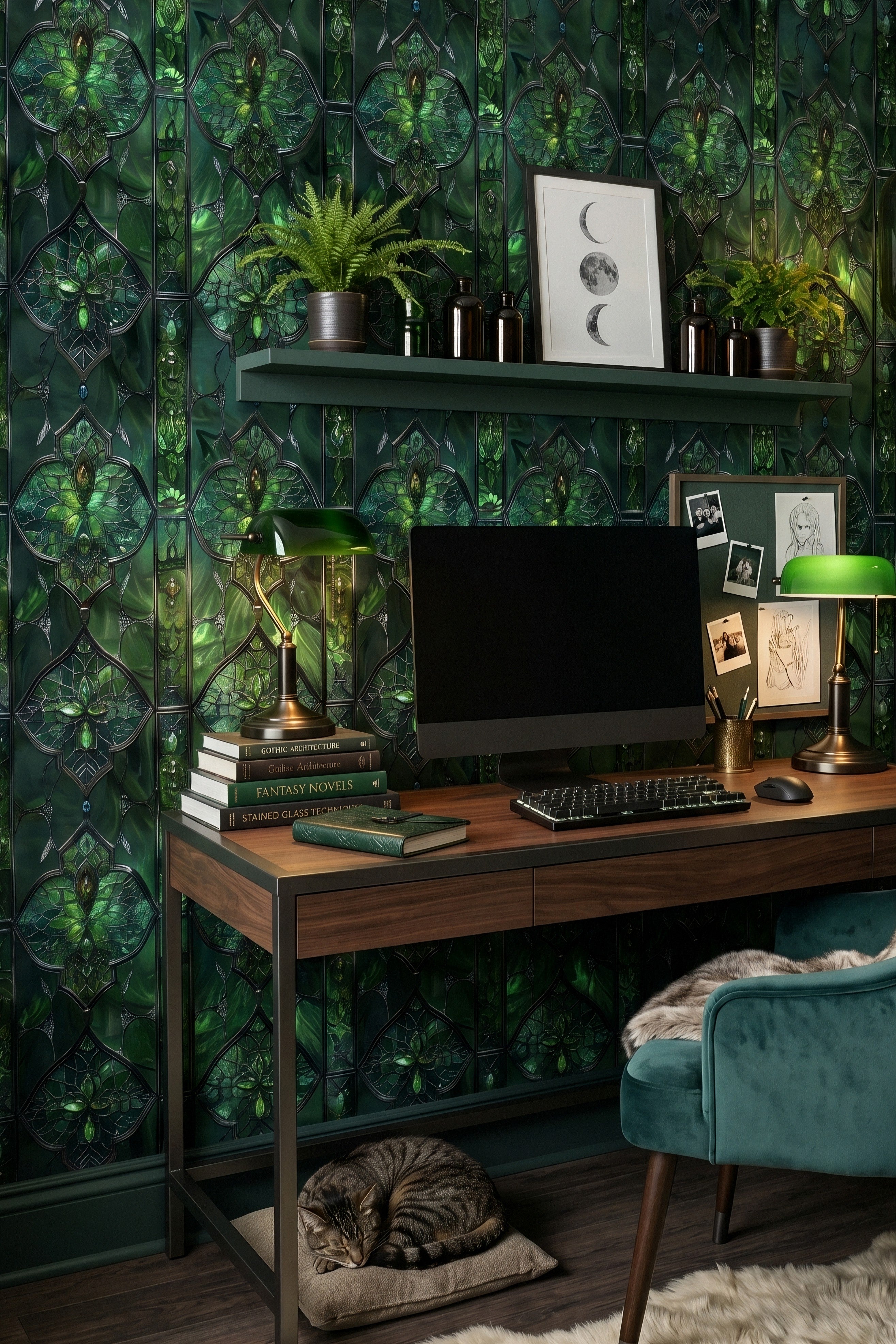 Emerald Chapel wallpaper shown in a home office