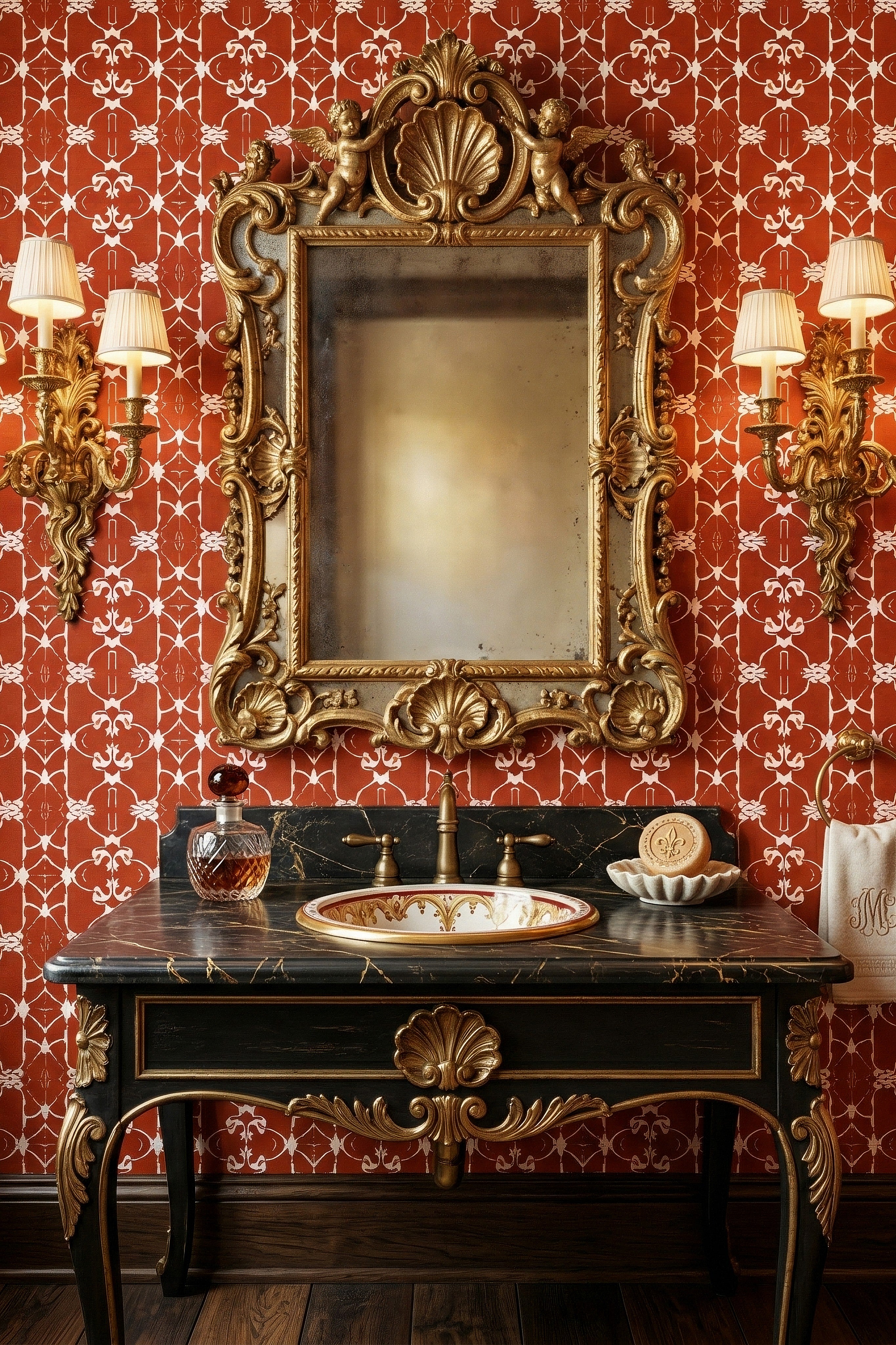 Tuscan Scroll wallpaper shown in a powder room