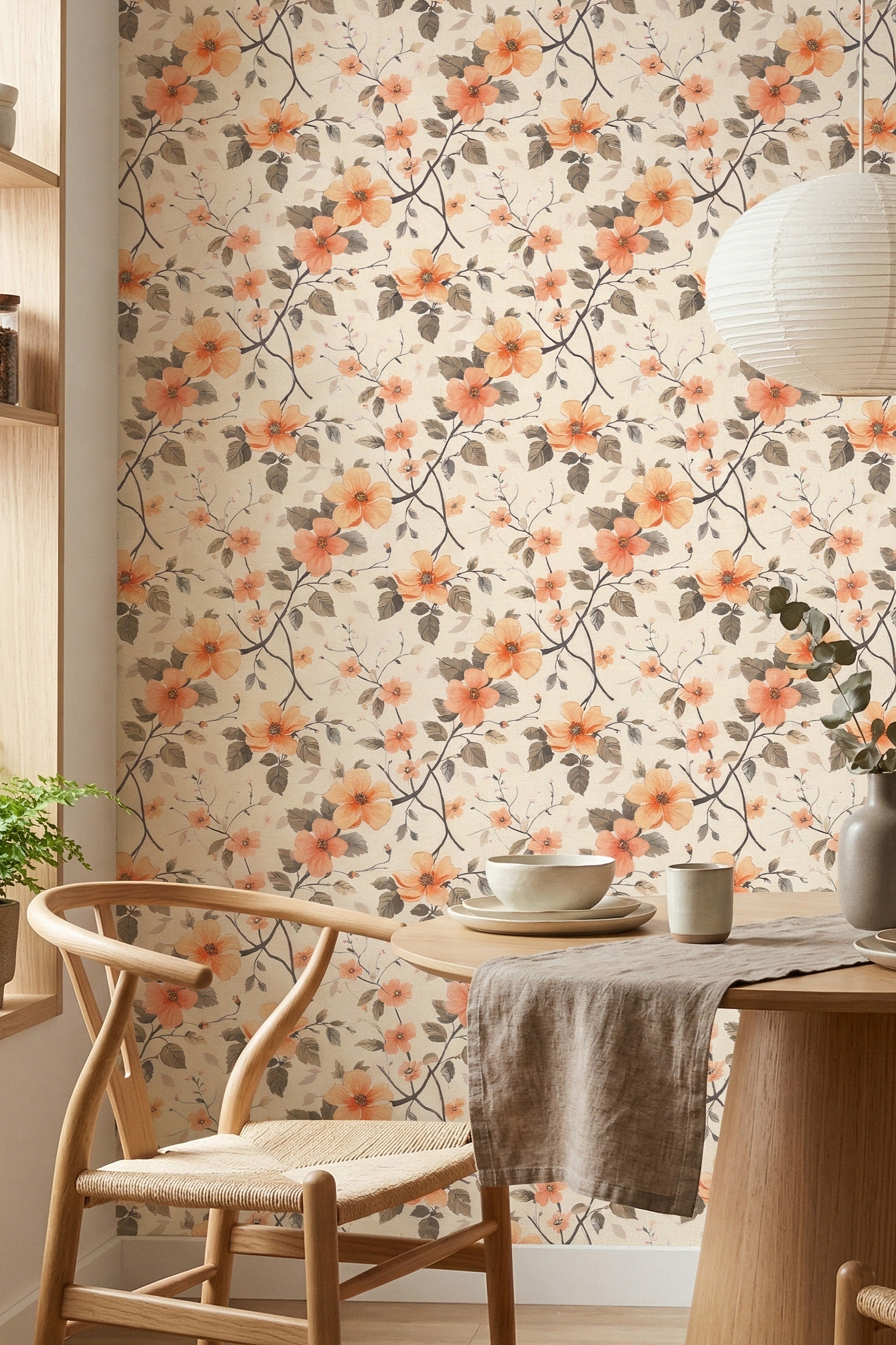 Quiet Blossom wallpaper shown in a dining room