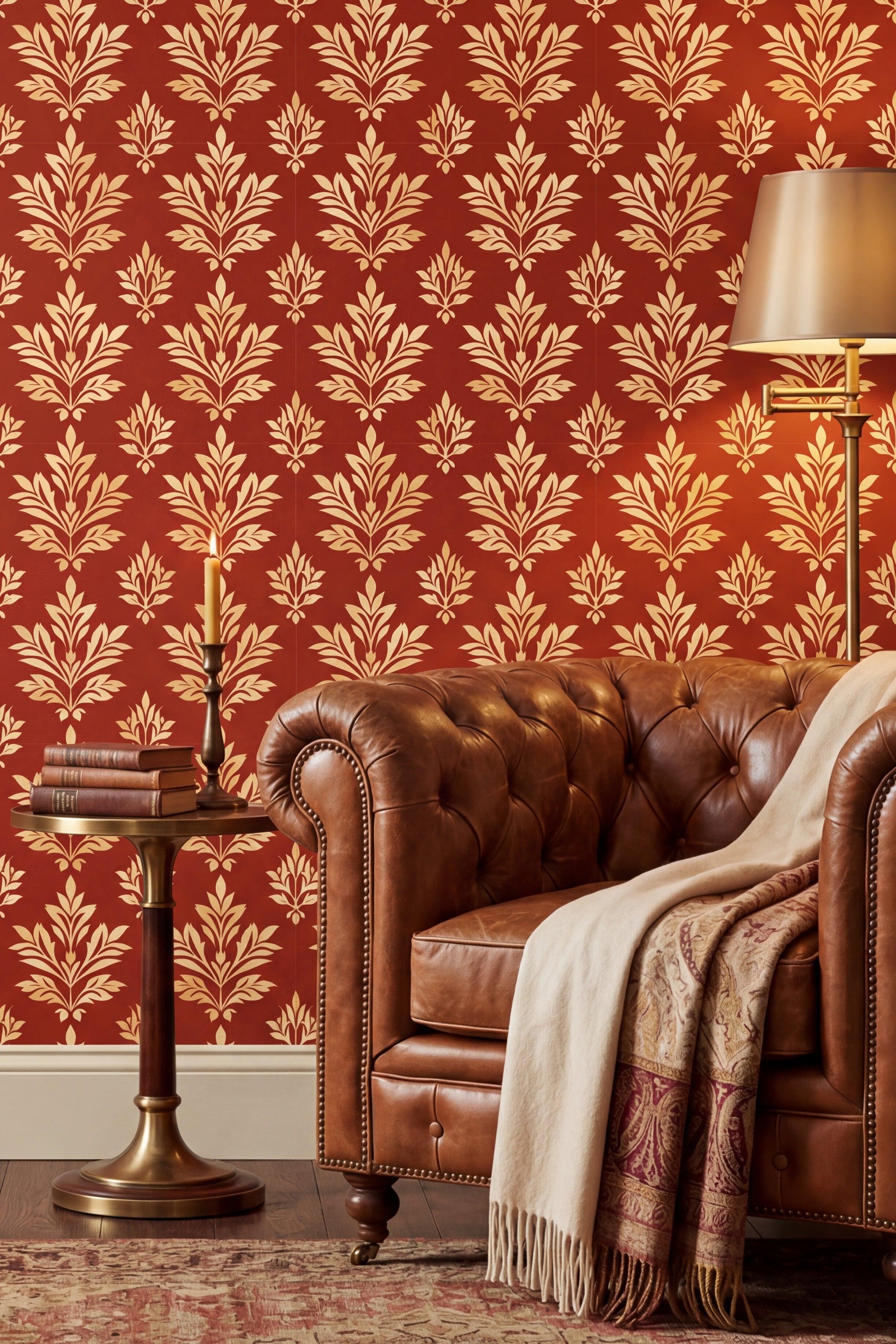 Terra Damask wallpaper shown in a reading corner