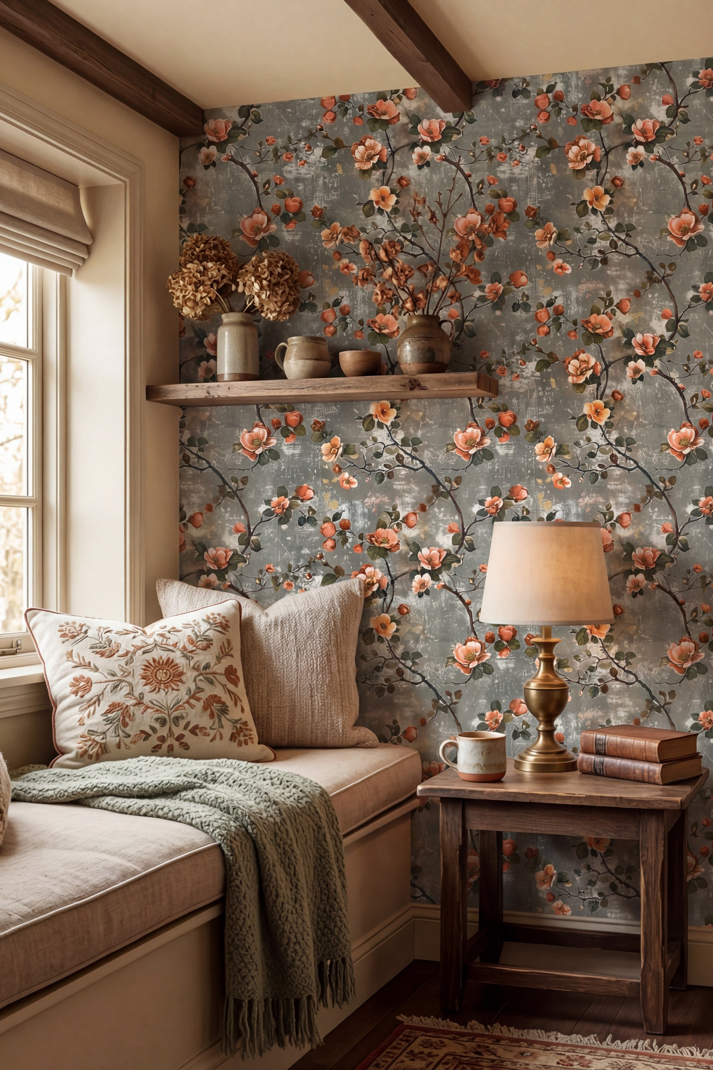 Coral & Ash wallpaper shown in a cozy nook