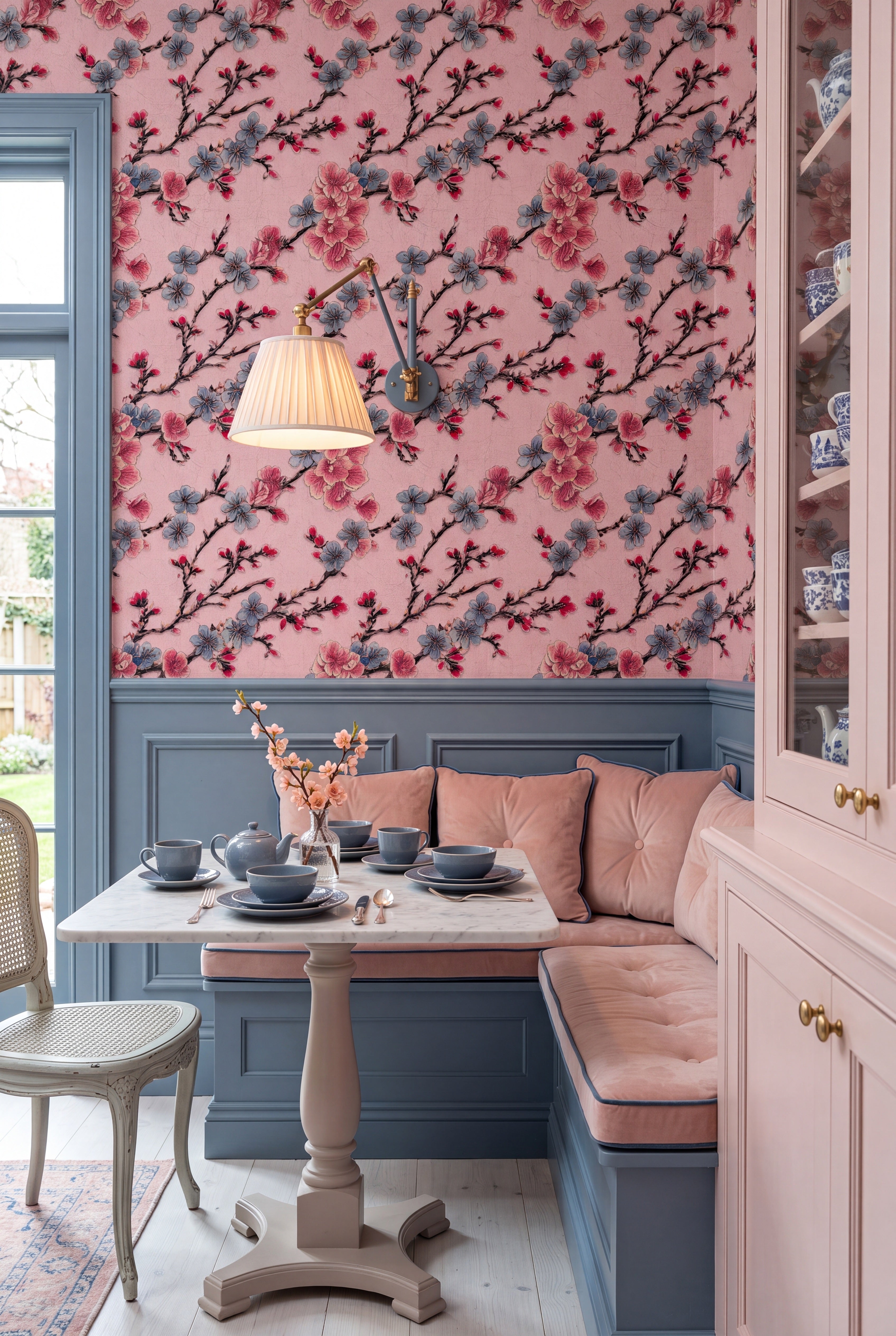 Sakura Blush wallpaper shown in a cozy nook
