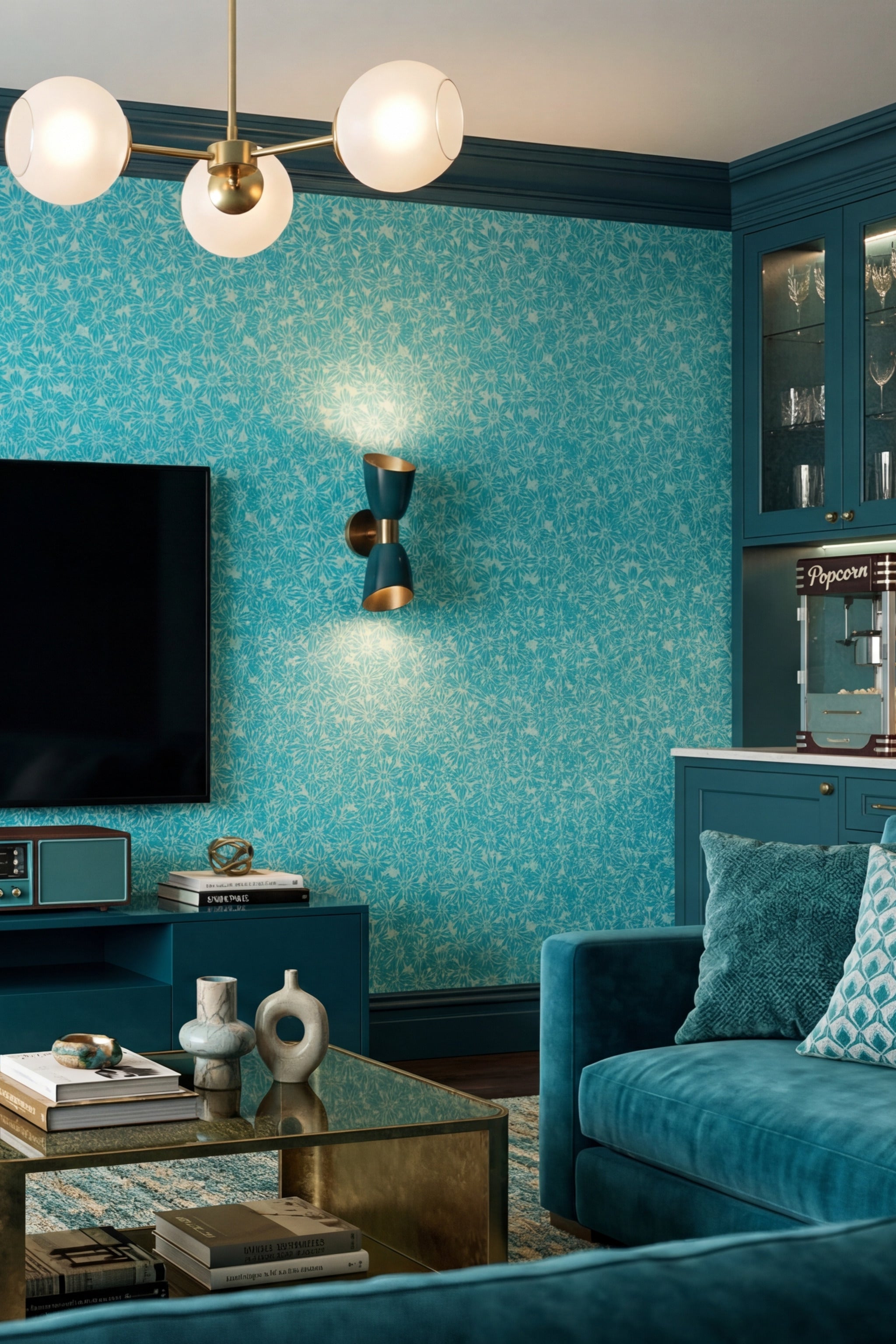 Lazy Daisy wallpaper shown in a media room