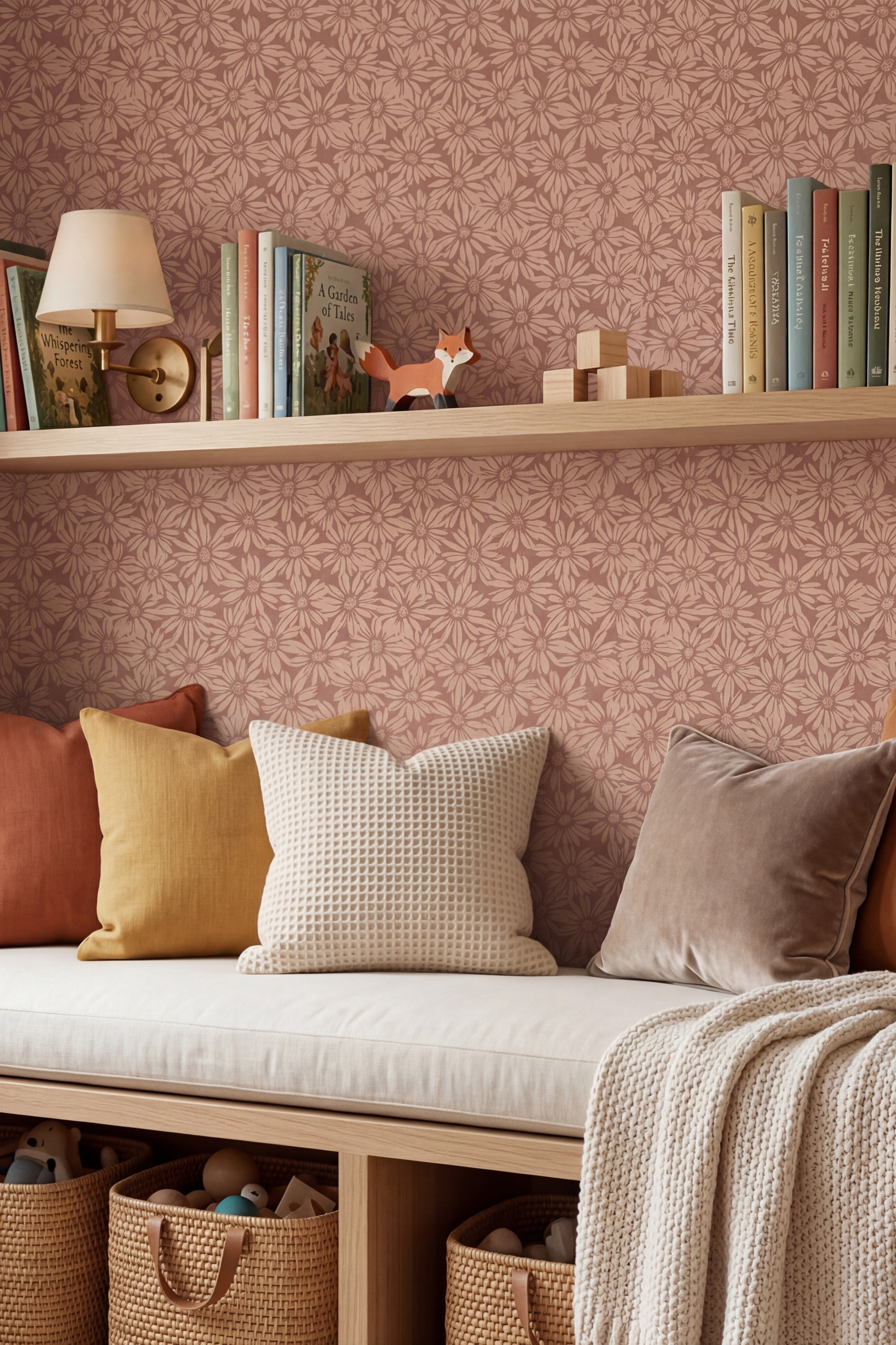 Mocha Daisy wallpaper shown in a cozy nook