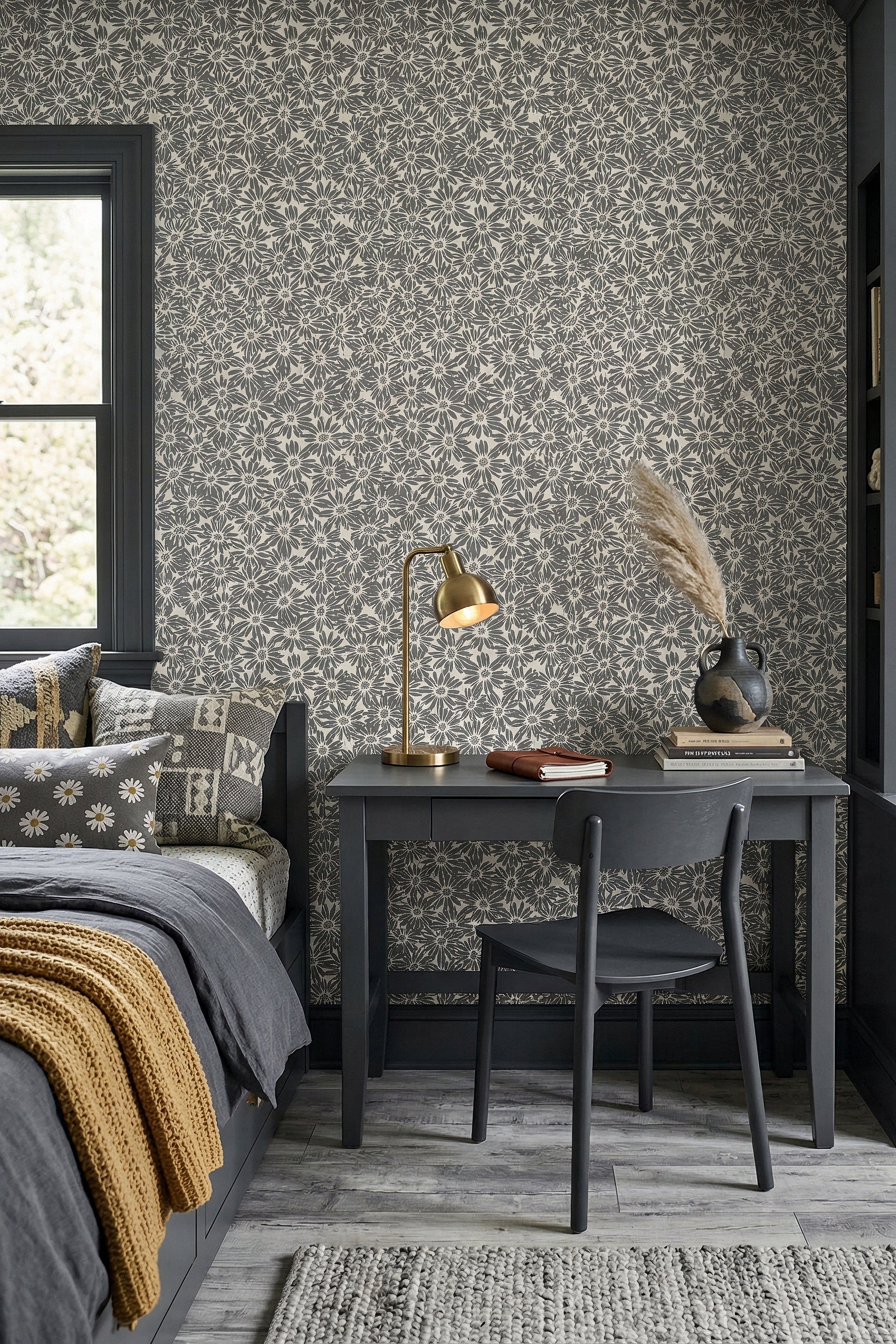 Dove Daisy wallpaper shown in a bedroom