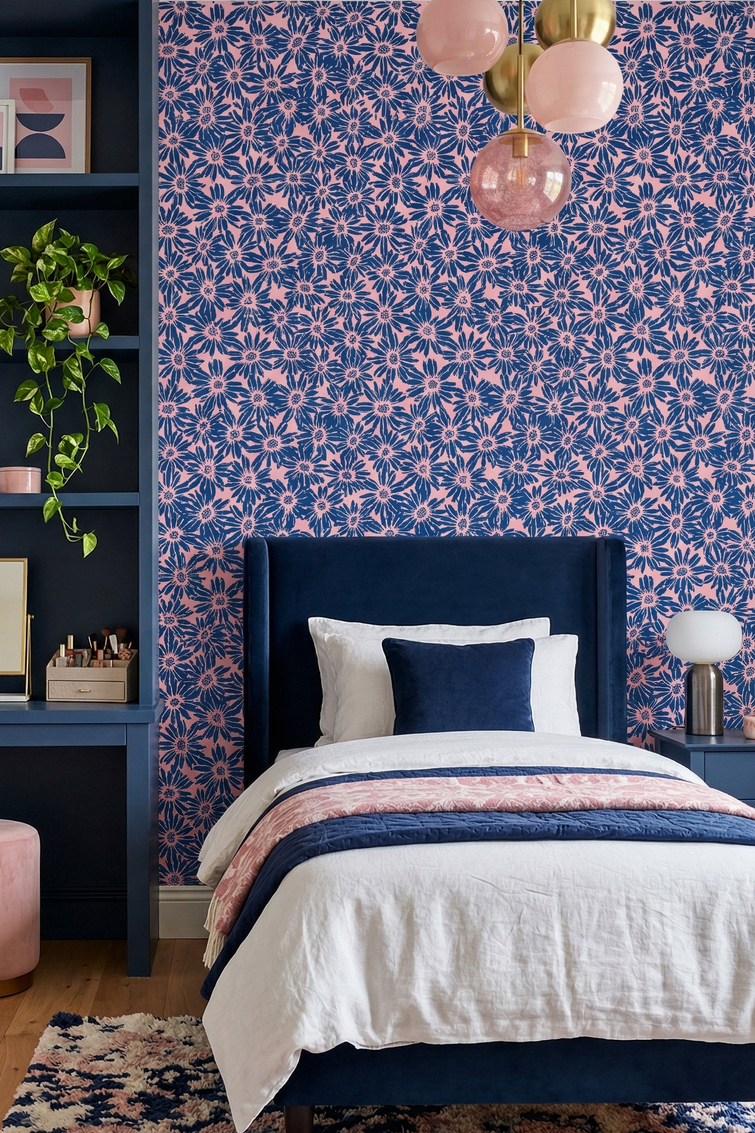 Midnight Daisy wallpaper shown in a bedroom