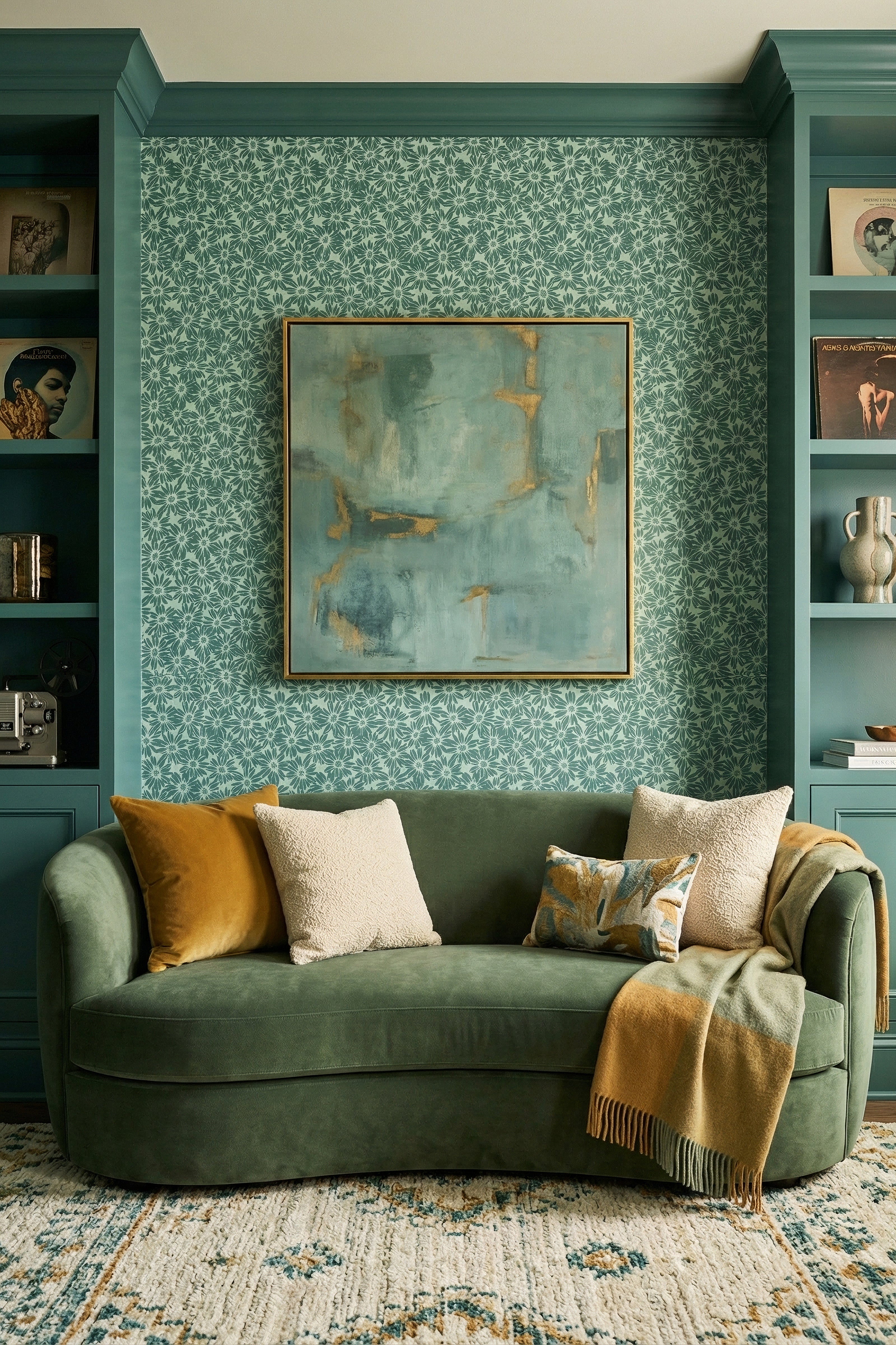 Whoopsie Daisy wallpaper shown in a living room