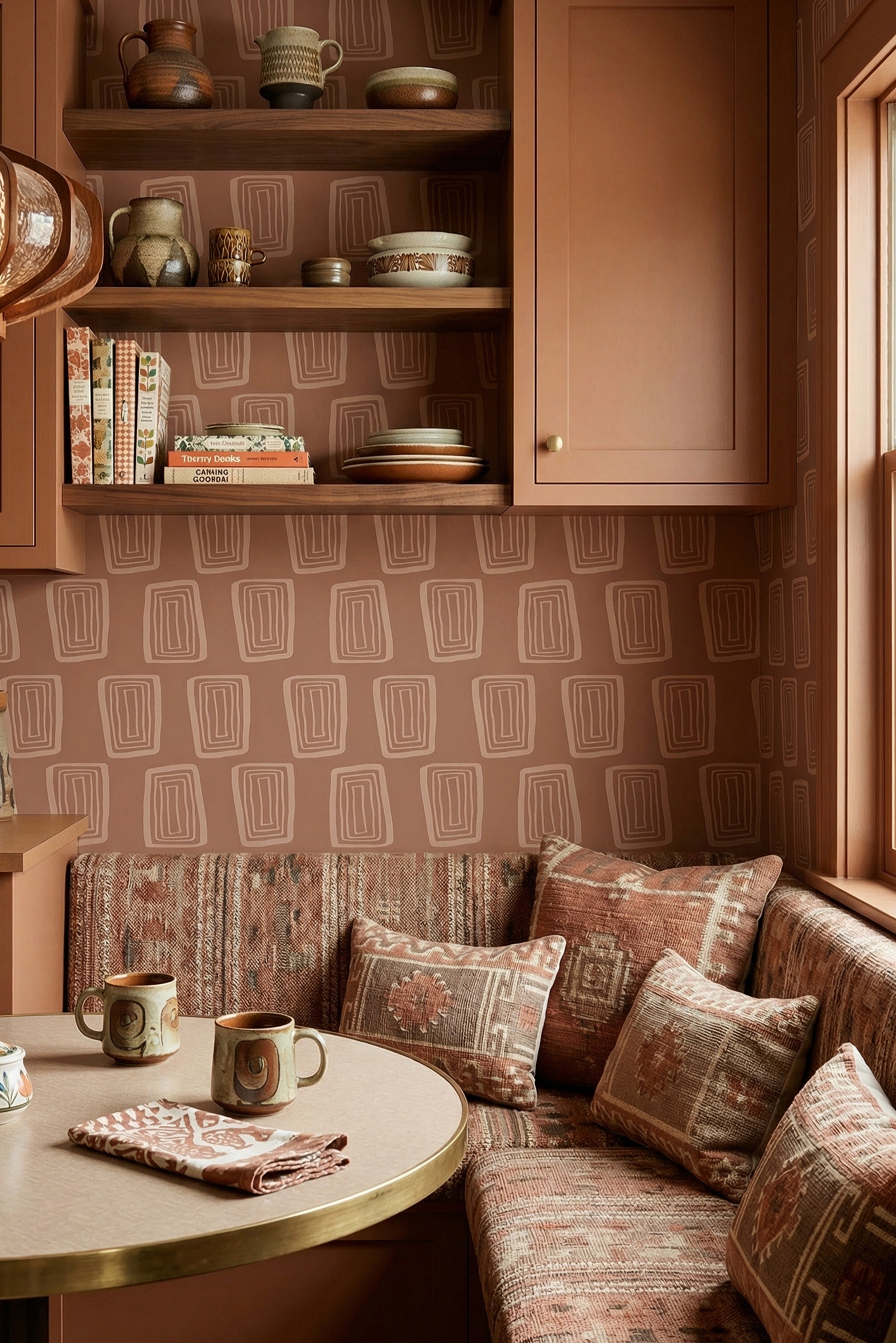 Mocha Mod wallpaper shown in a cozy nook