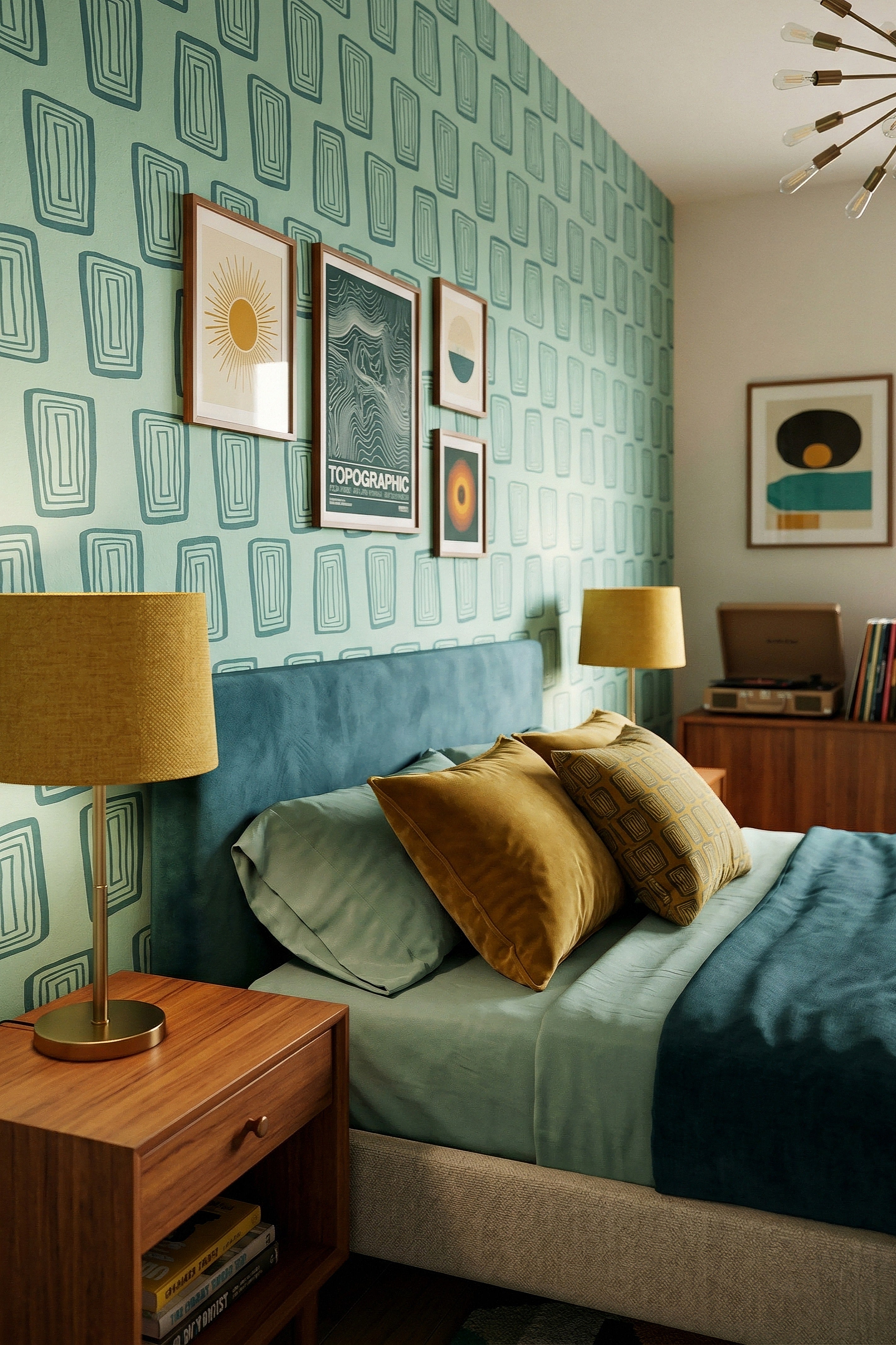 Green Groove wallpaper shown in a bedroom