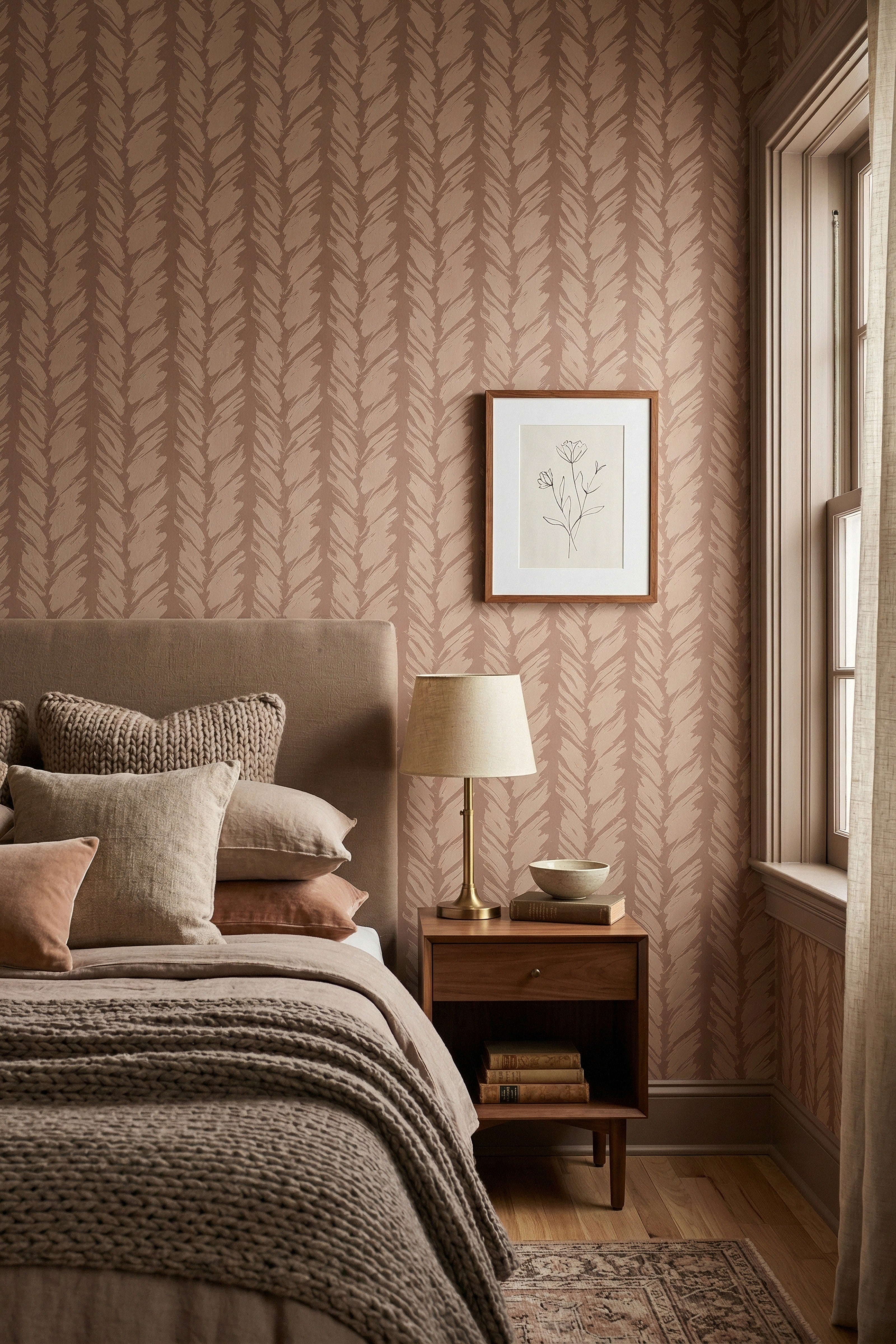 Mocha Brush wallpaper shown in a bedroom