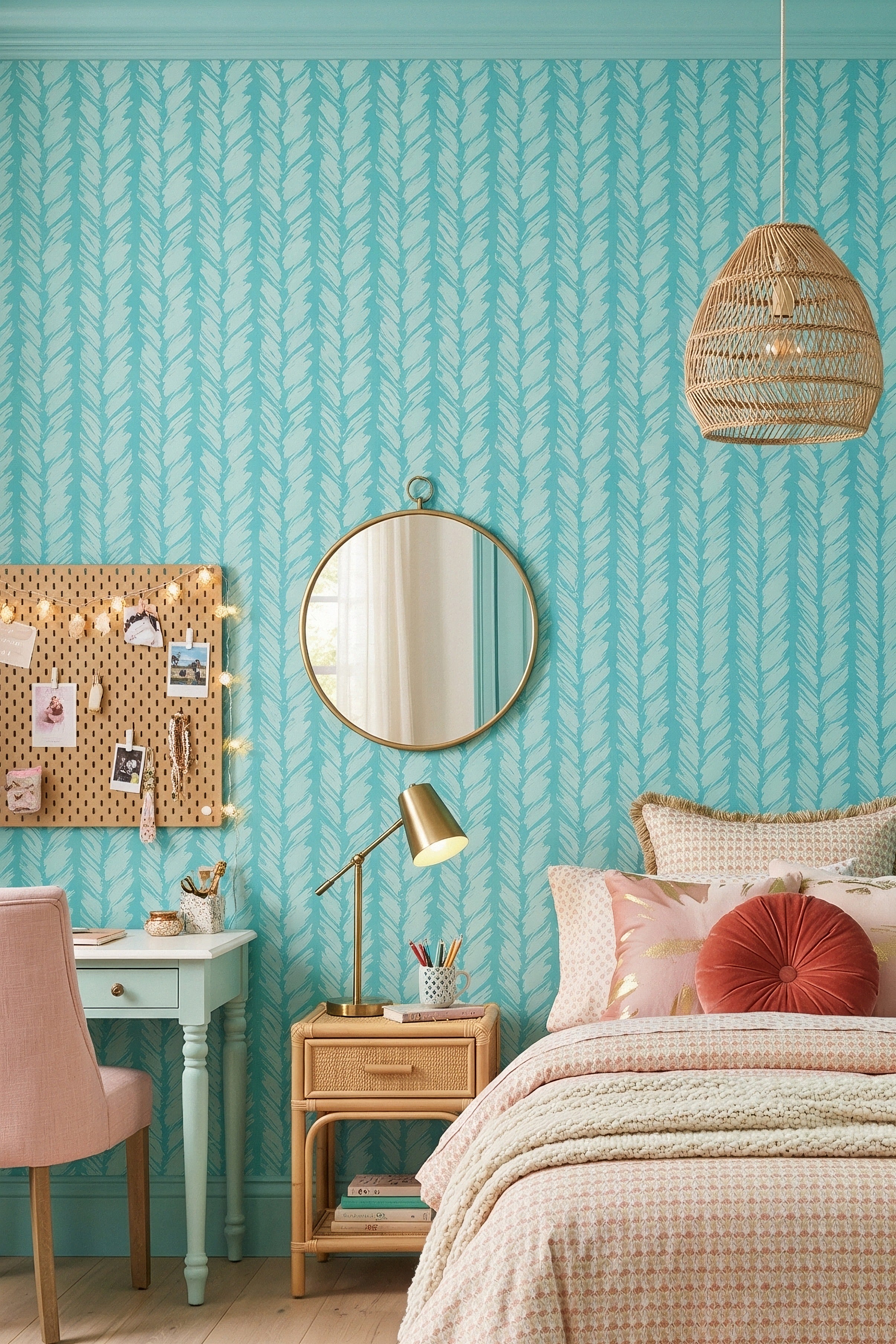 Teal Cabana wallpaper shown in a bedroom