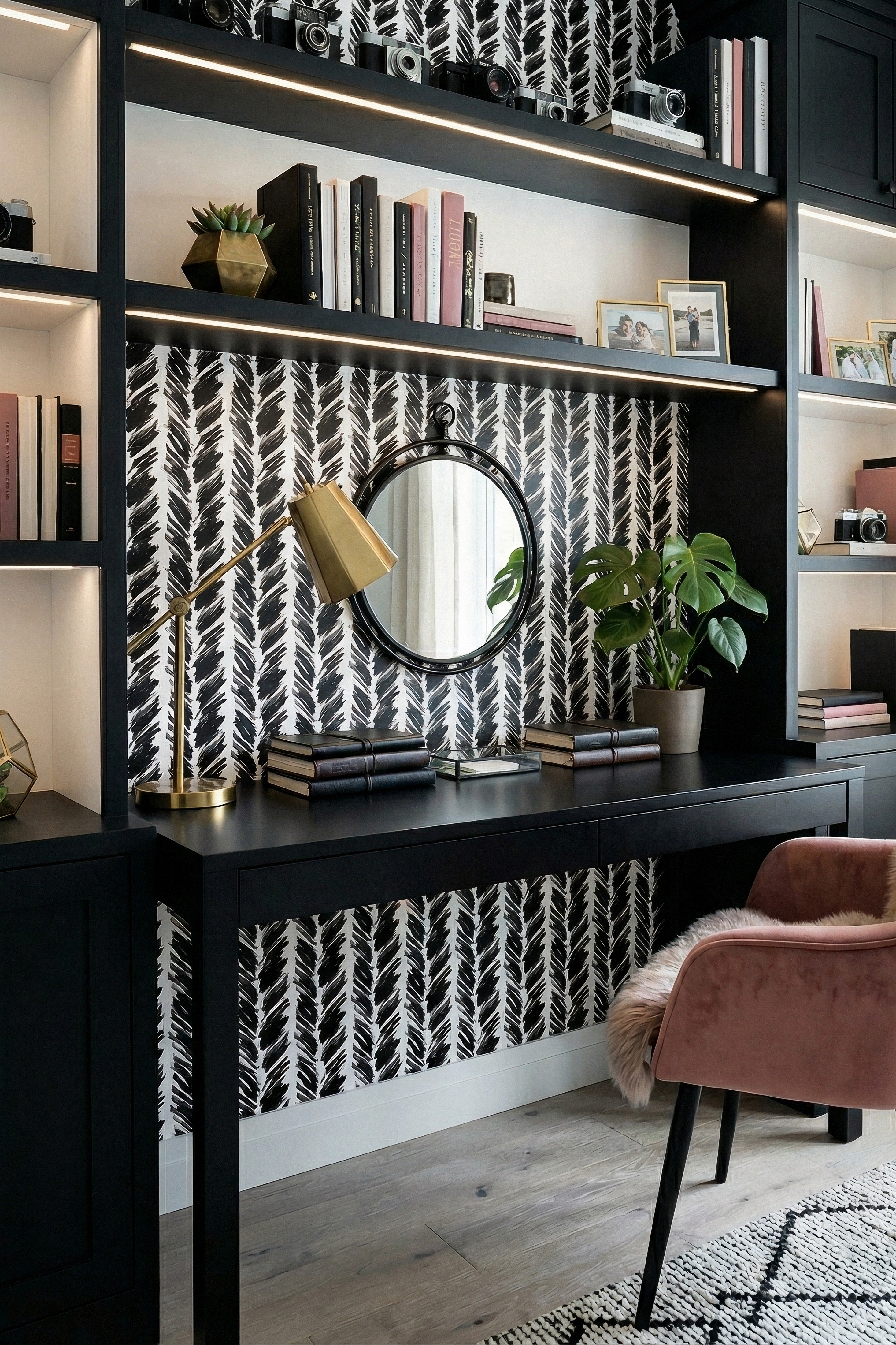 Tuxedo wallpaper shown in a home office
