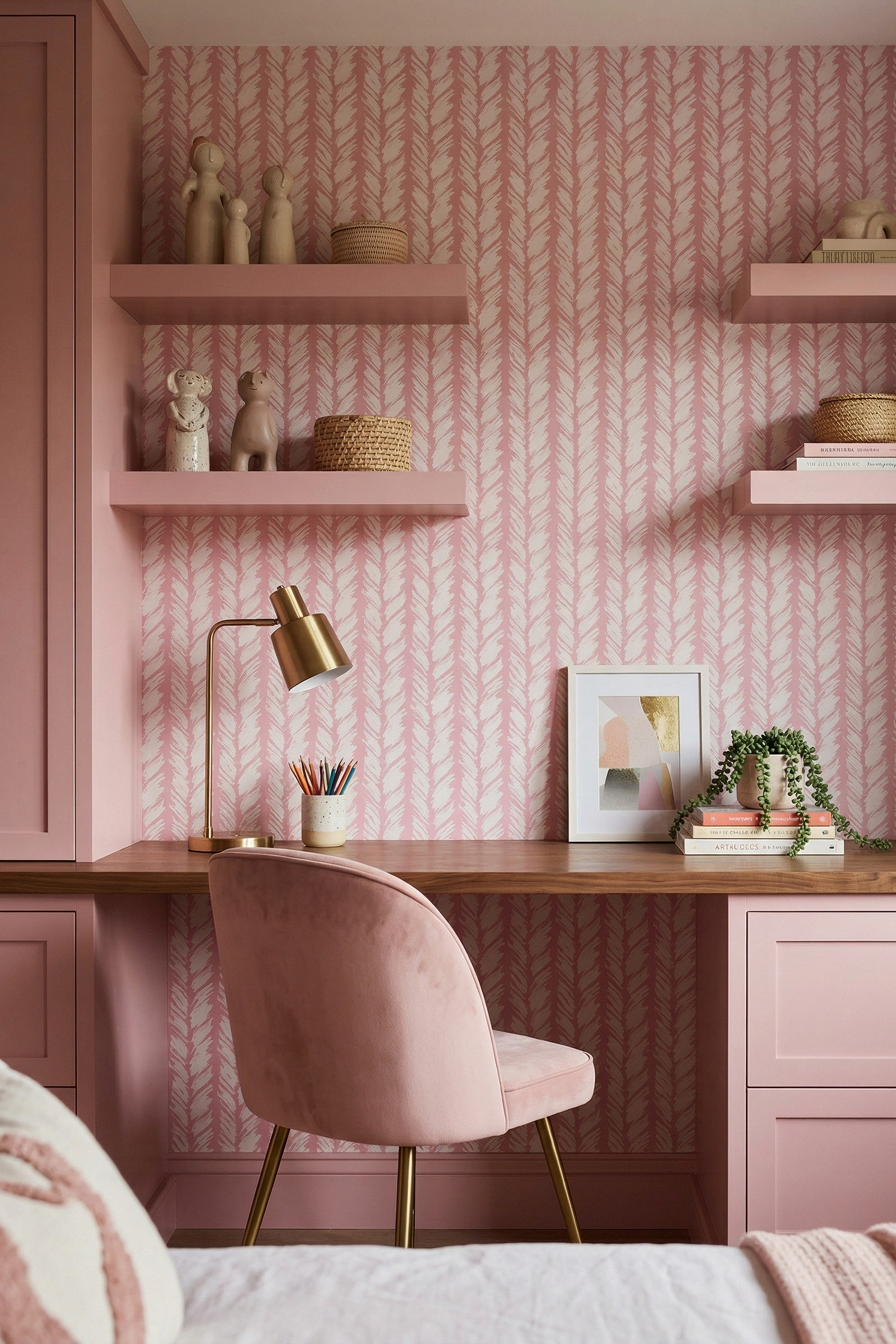 Blush Brush wallpaper shown in a home office