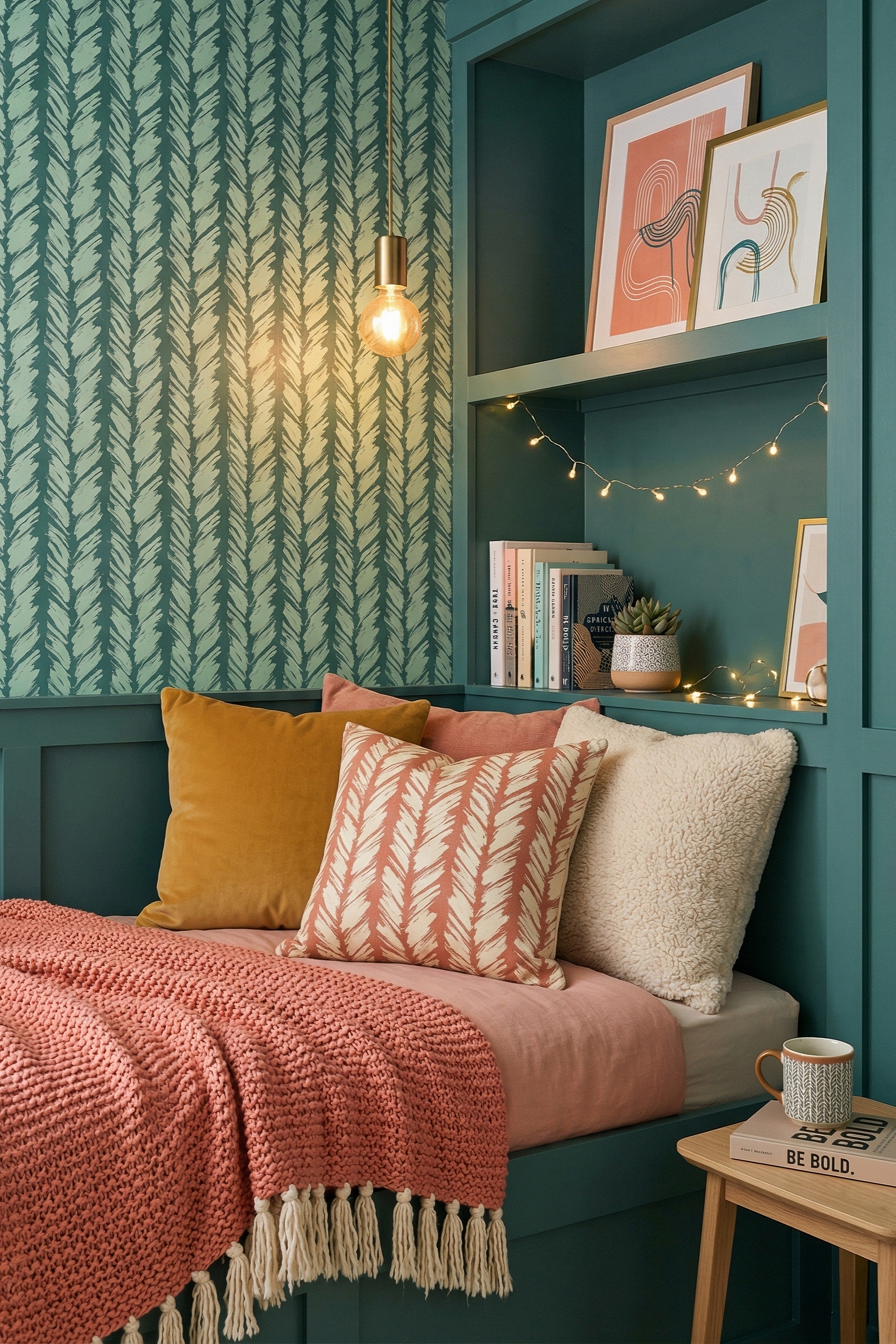 Mint Brush wallpaper shown in a bedroom