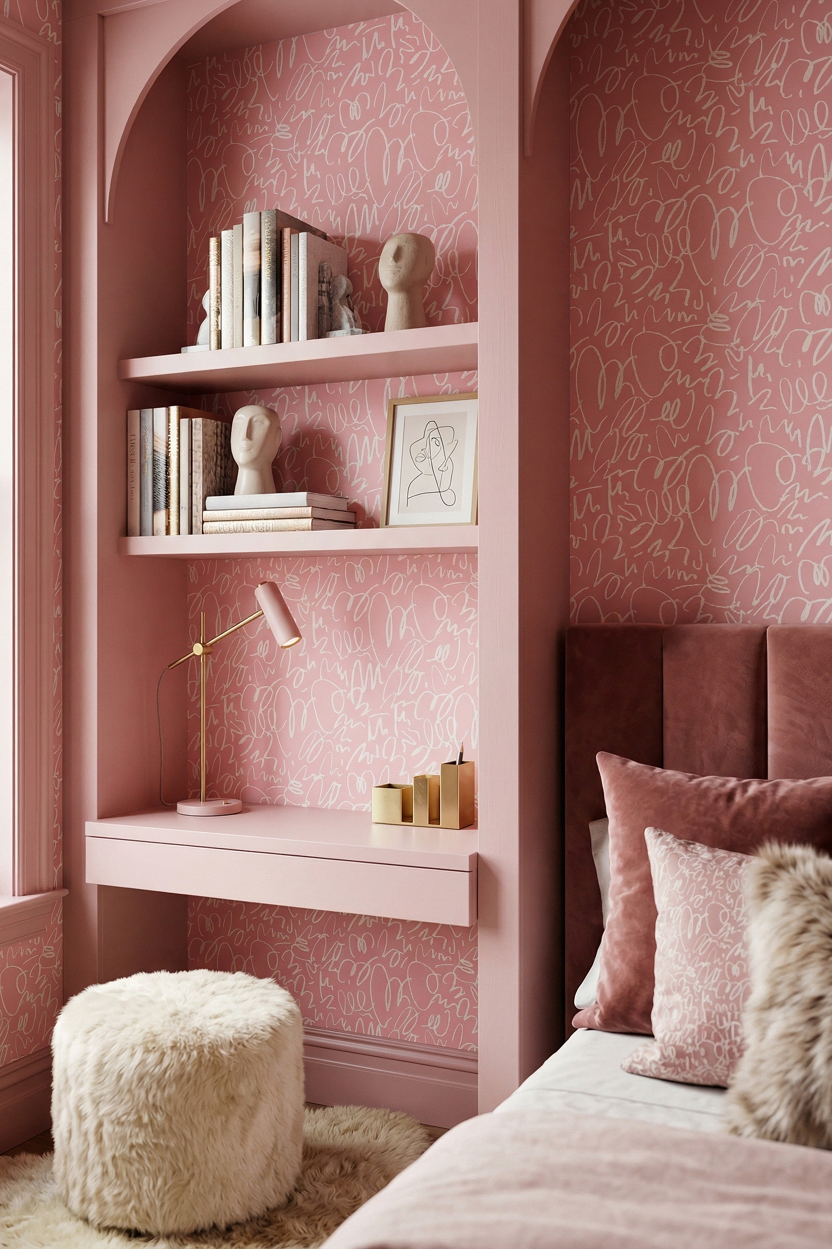 Pink Doodle wallpaper shown in a bedroom