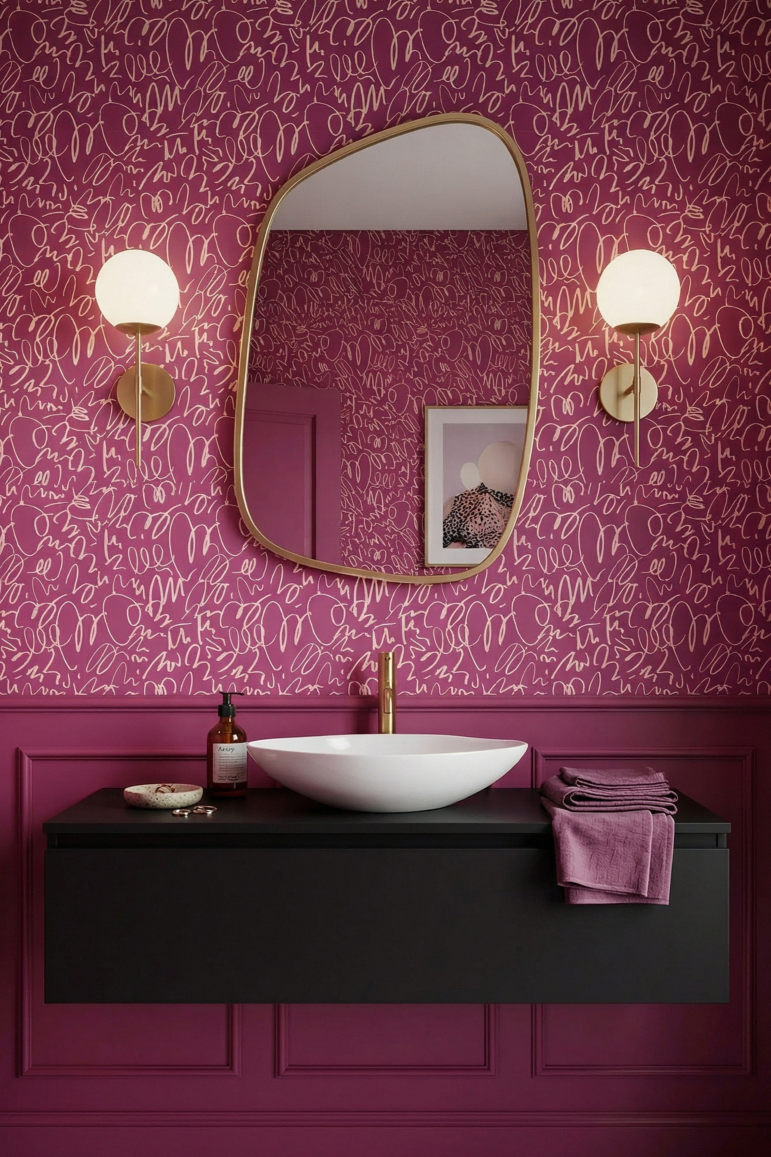 Magenta Scribble wallpaper shown in a powder room