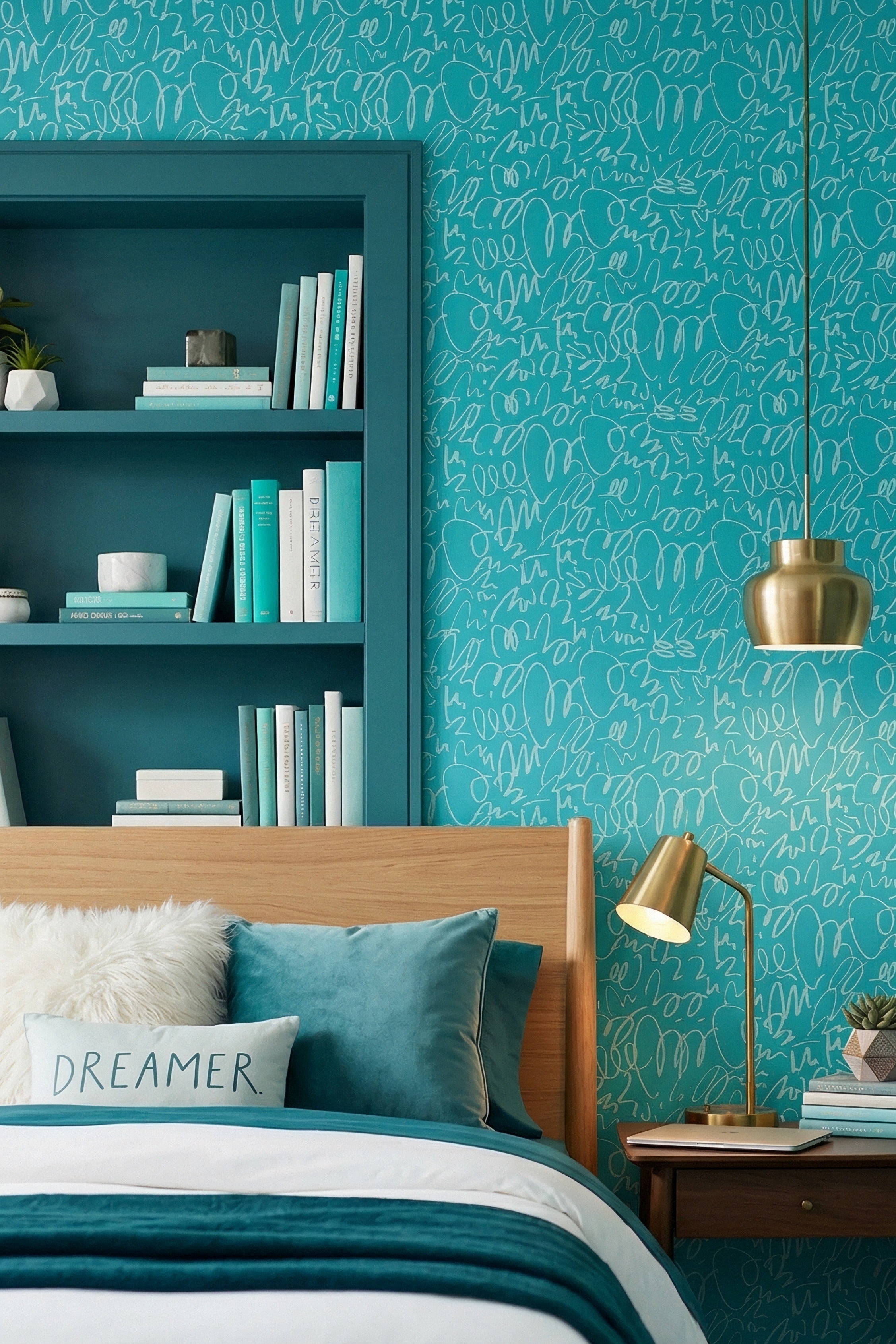 Teal Doodle wallpaper shown in a bedroom