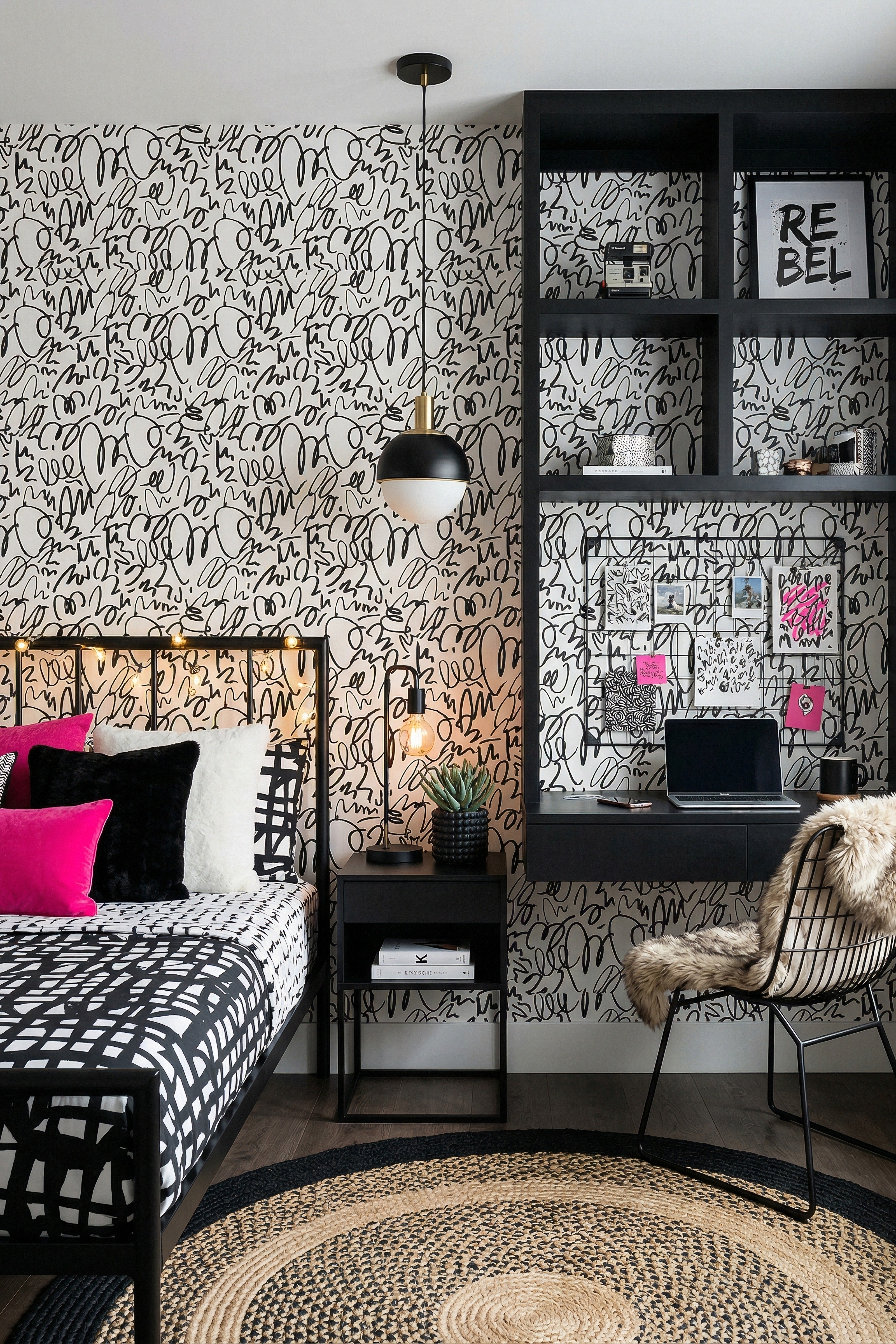 Ink Doodle wallpaper shown in a bedroom