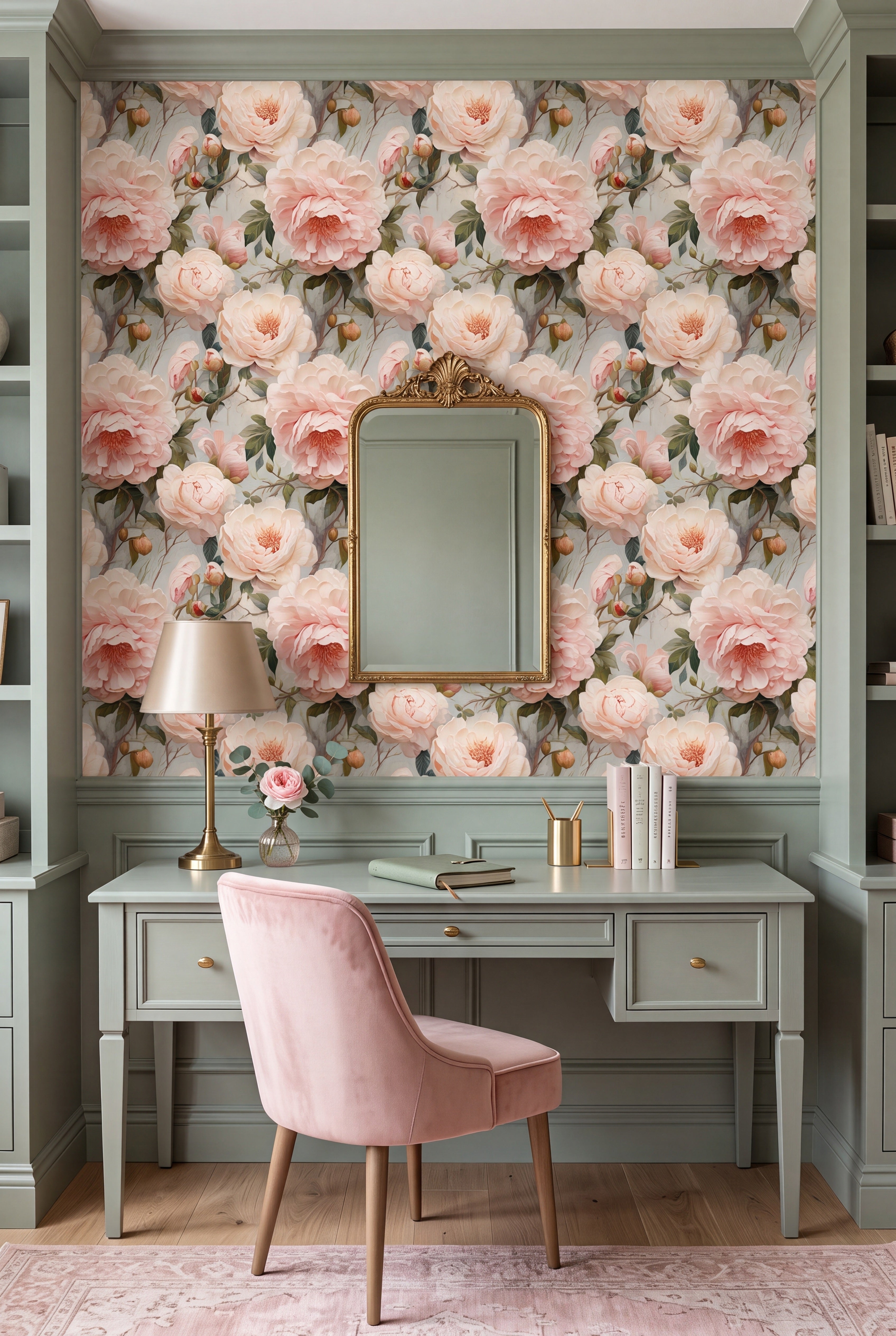 Heirloom Garden wallpaper shown in a home office