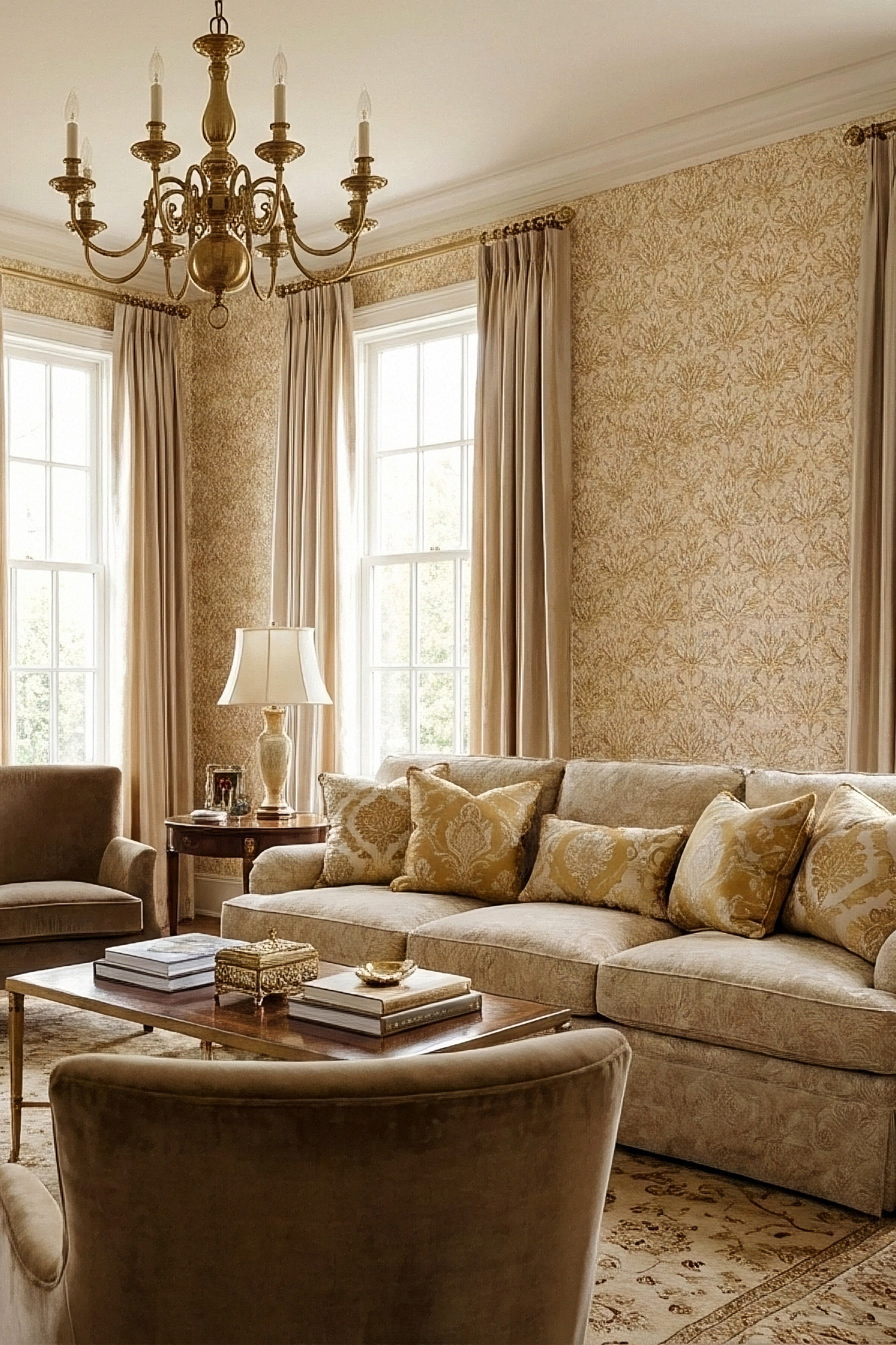 Golden Scroll wallpaper shown in a living room