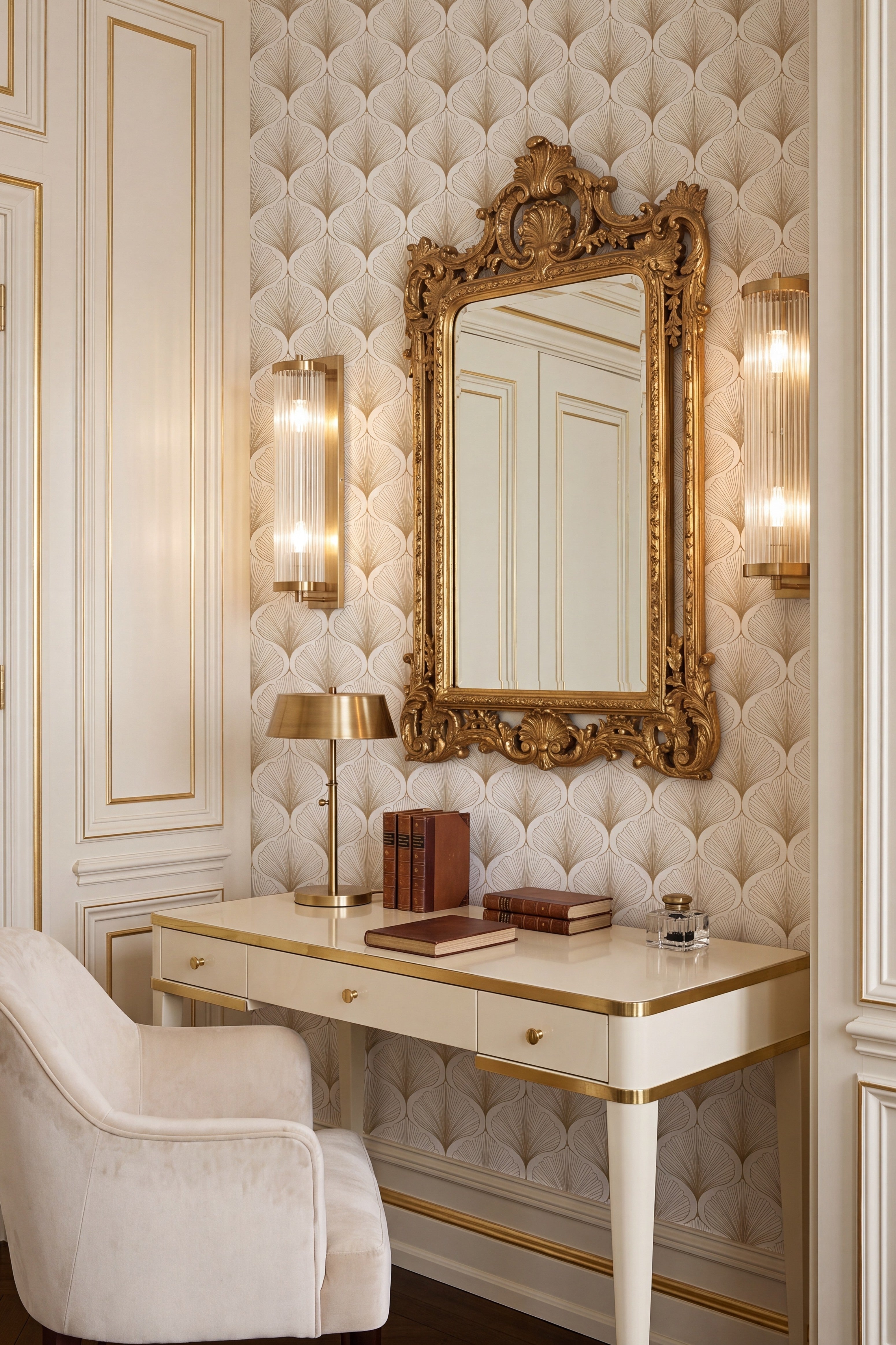 Gold Fanfare wallpaper shown in a home office