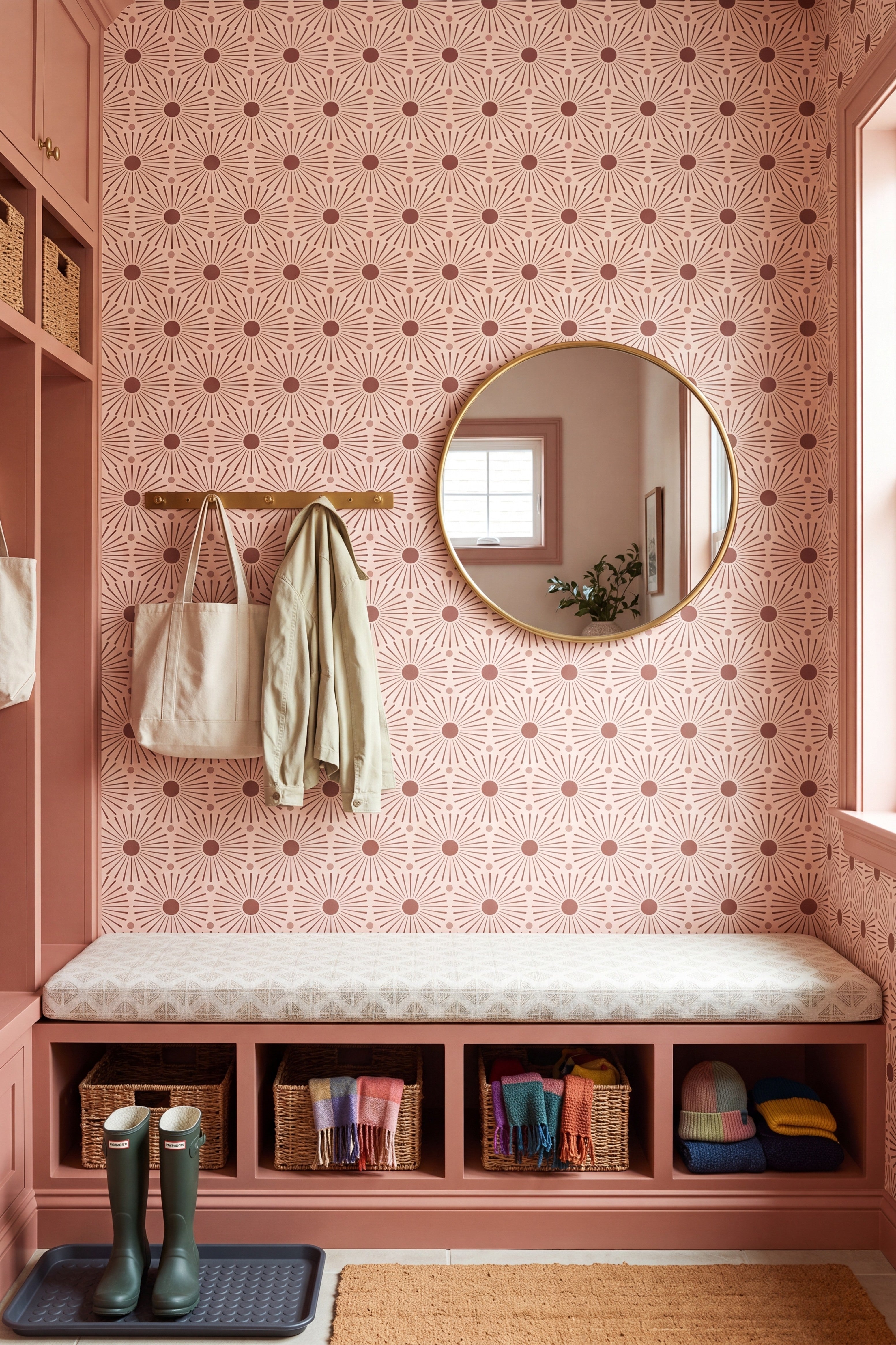 Blush Sunburst wallpaper shown in a mudroom