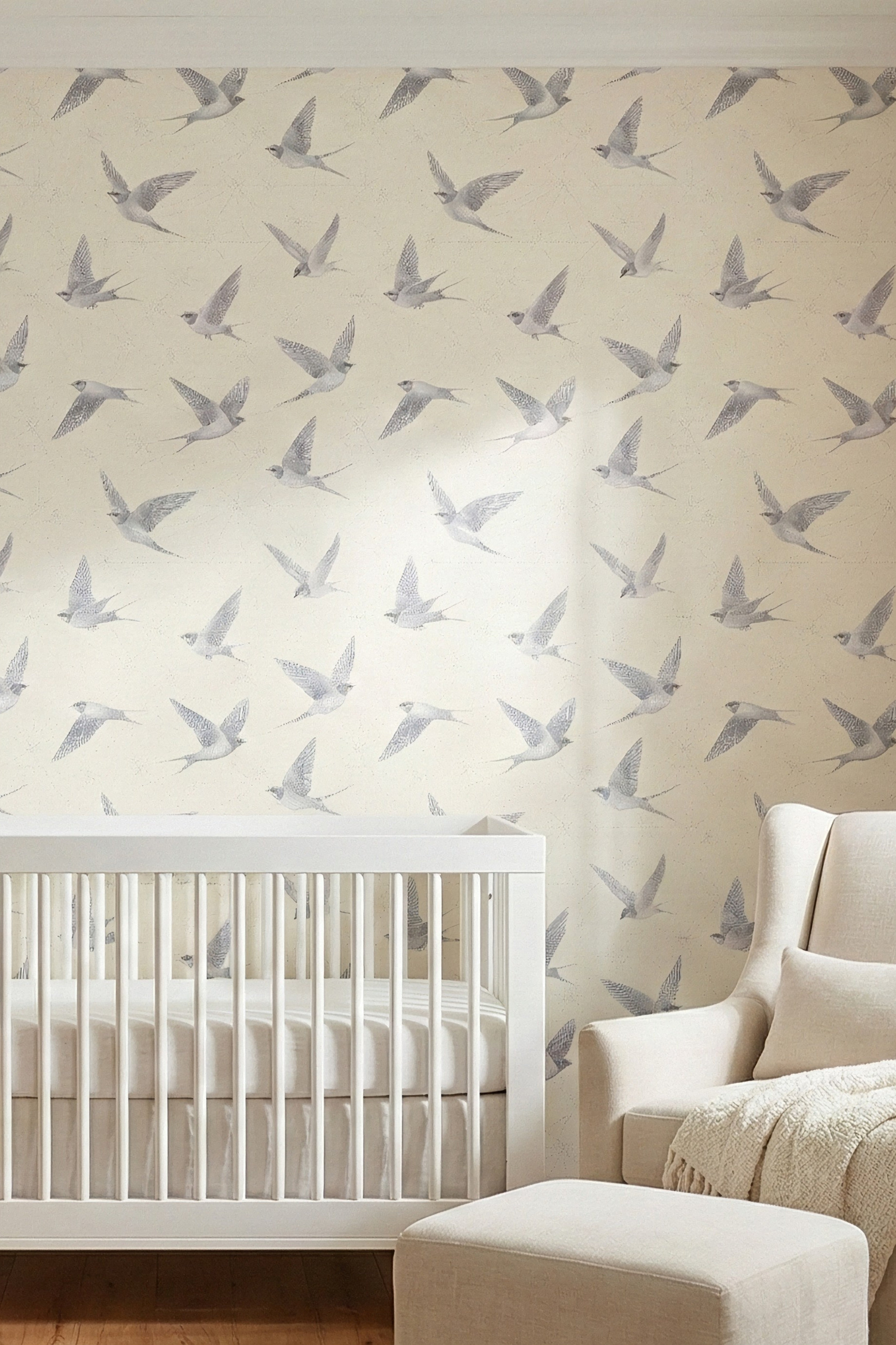 Swallow Song wallpaper shown in a nursery