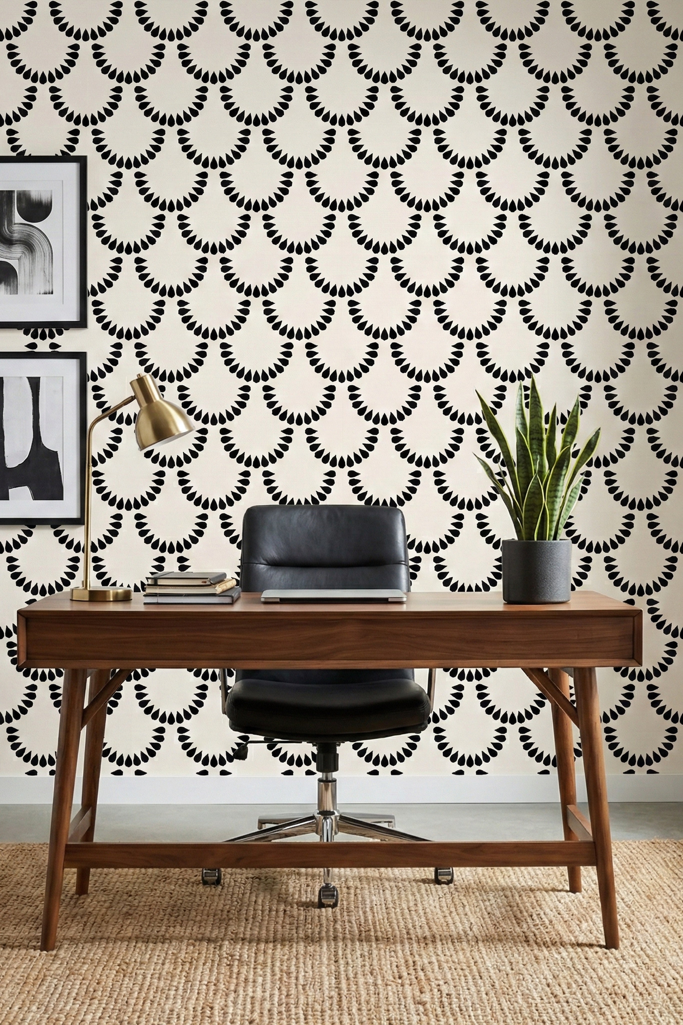 Scallop & Ivory wallpaper shown in a home office