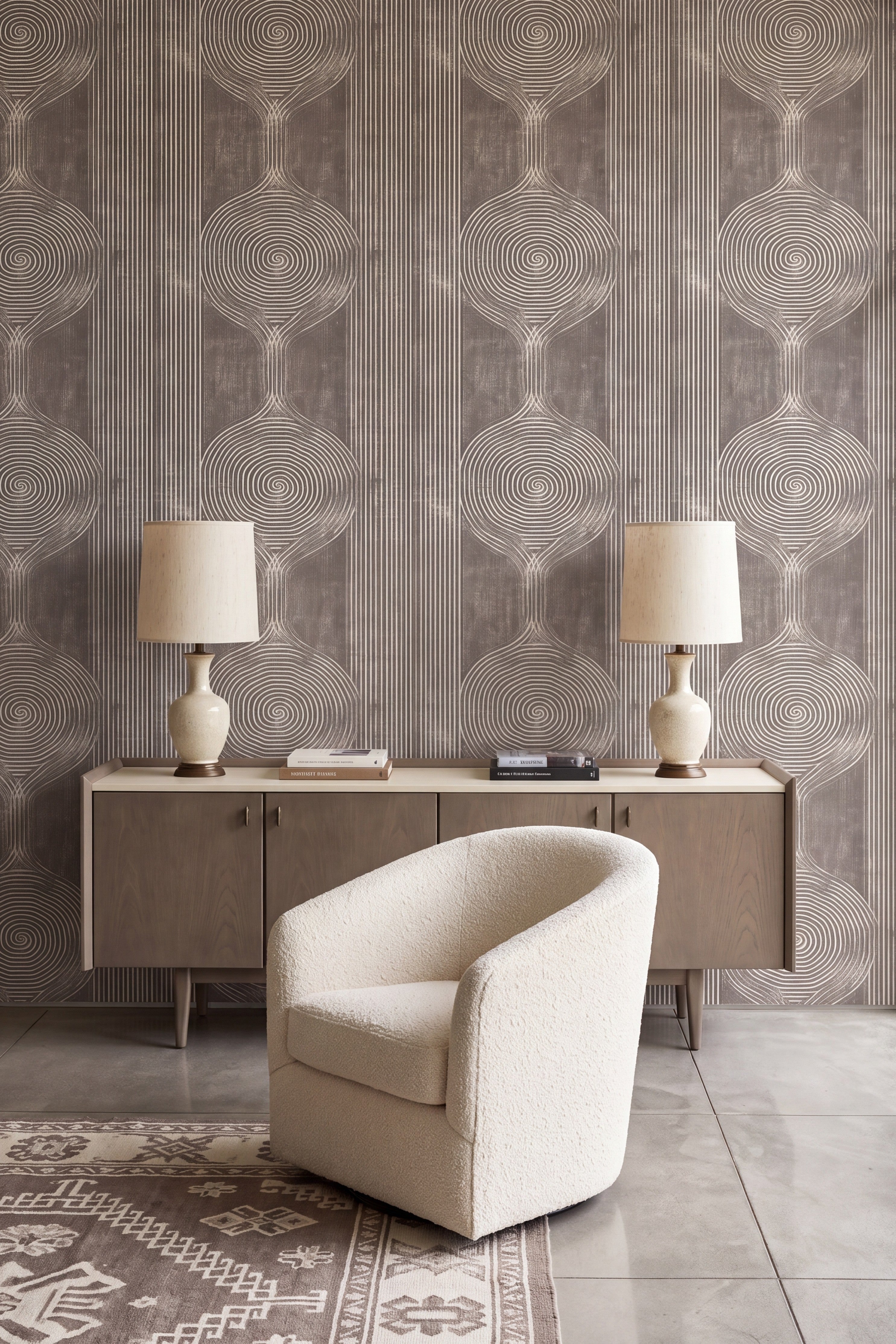 Sandstone wallpaper shown in a living room