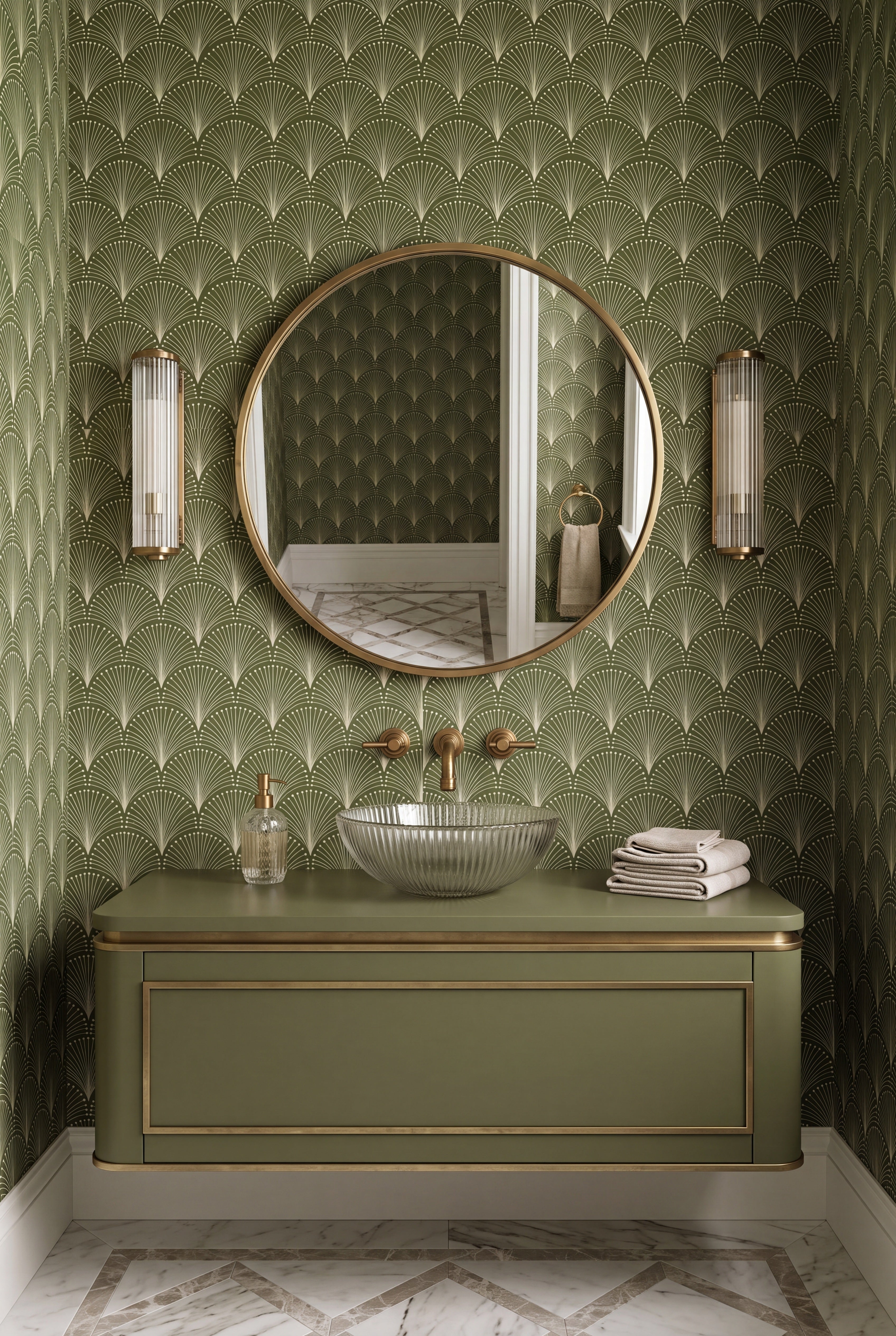 Palm Court wallpaper shown in a powder room