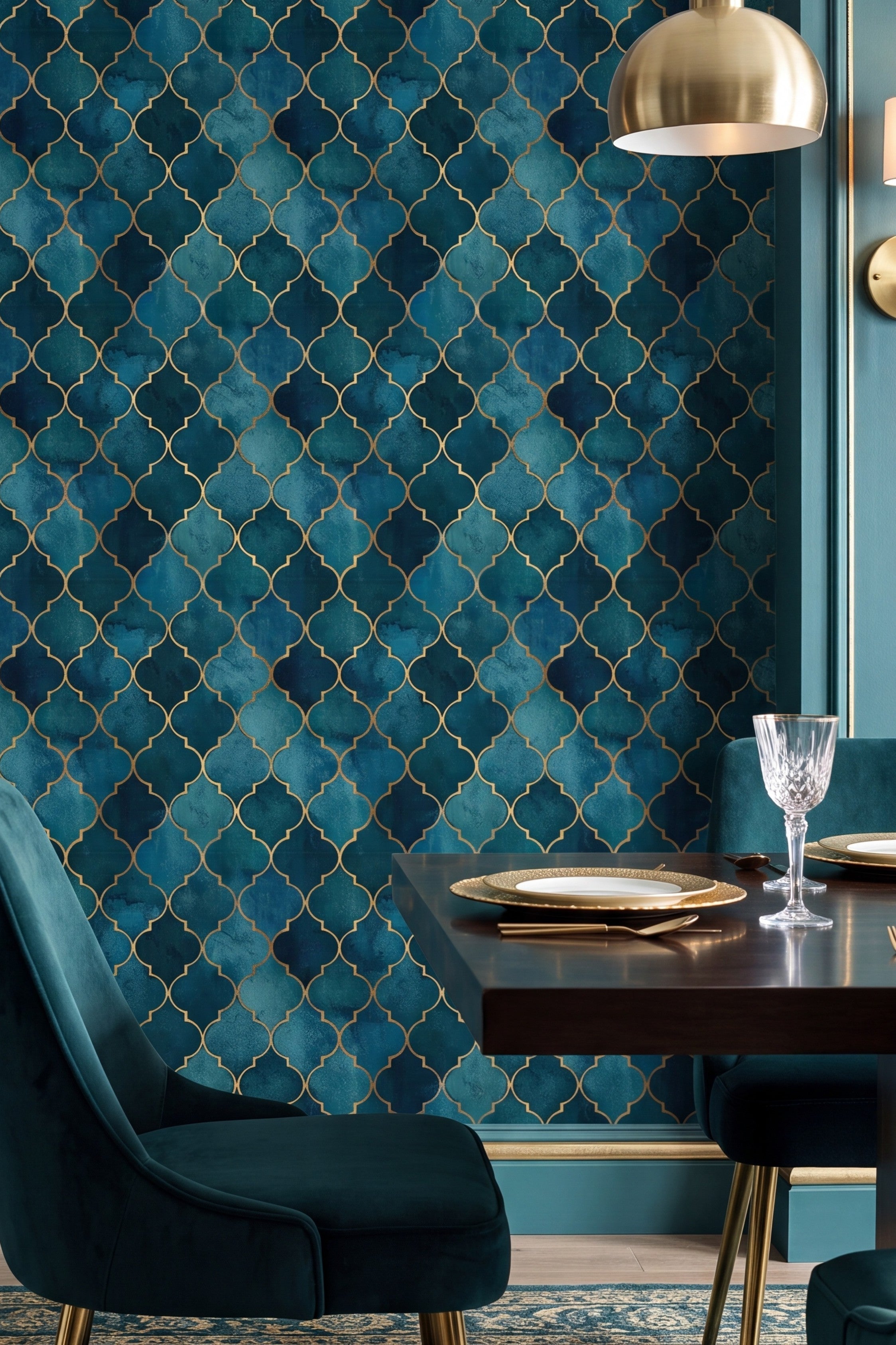 Teal Trellis wallpaper shown in a dining room