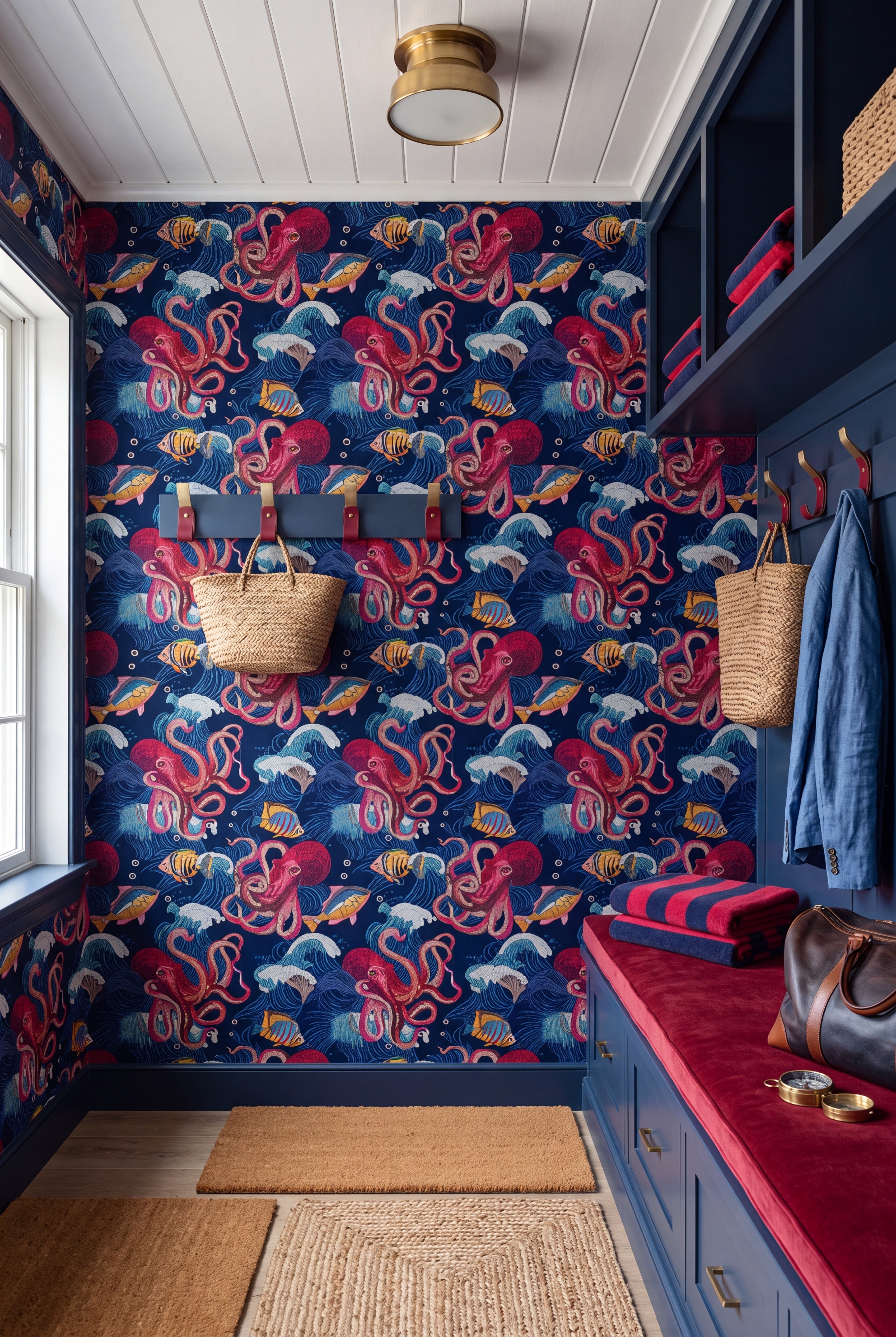 Under the Sea wallpaper shown in a mudroom
