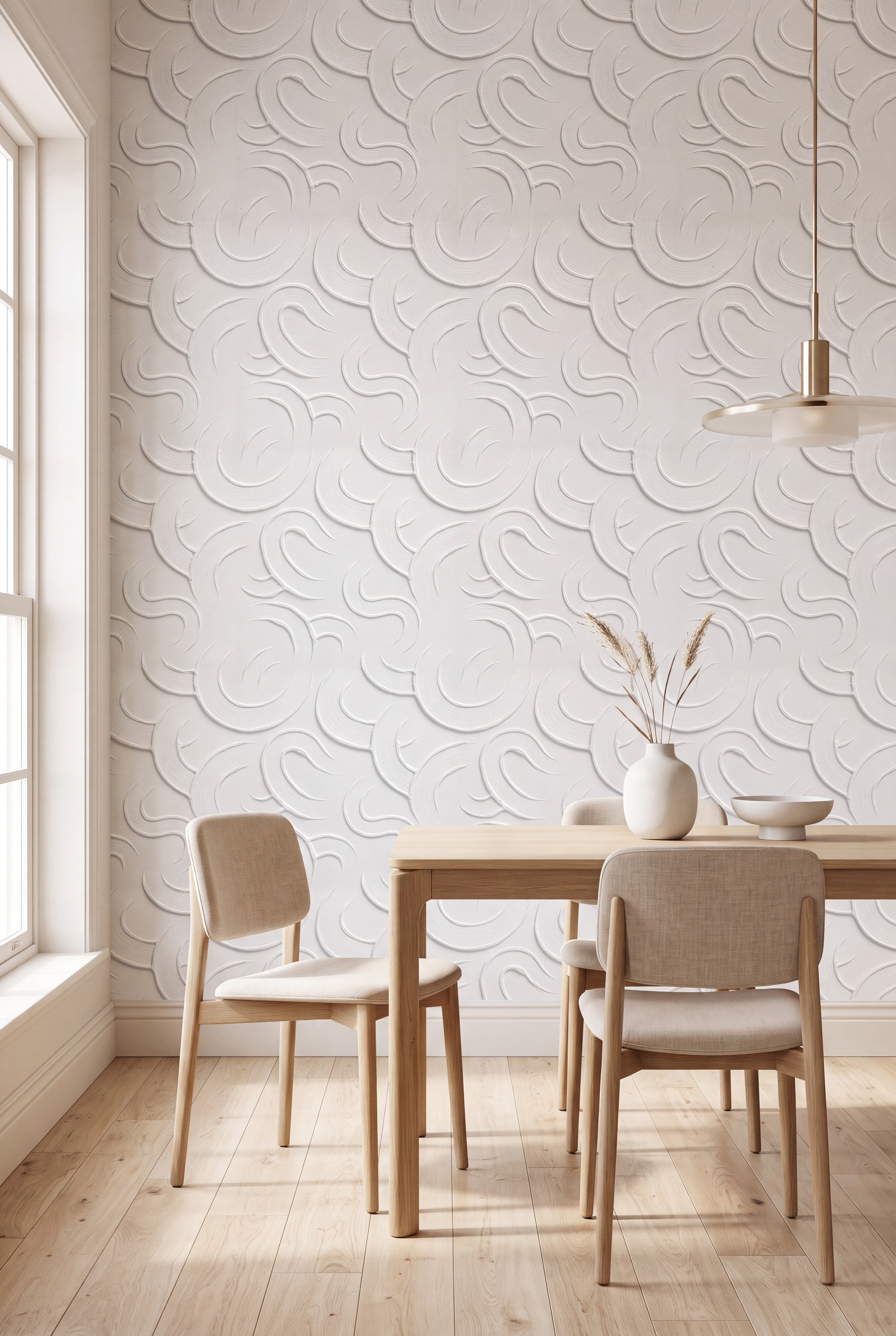 Whiteout wallpaper shown in a dining room