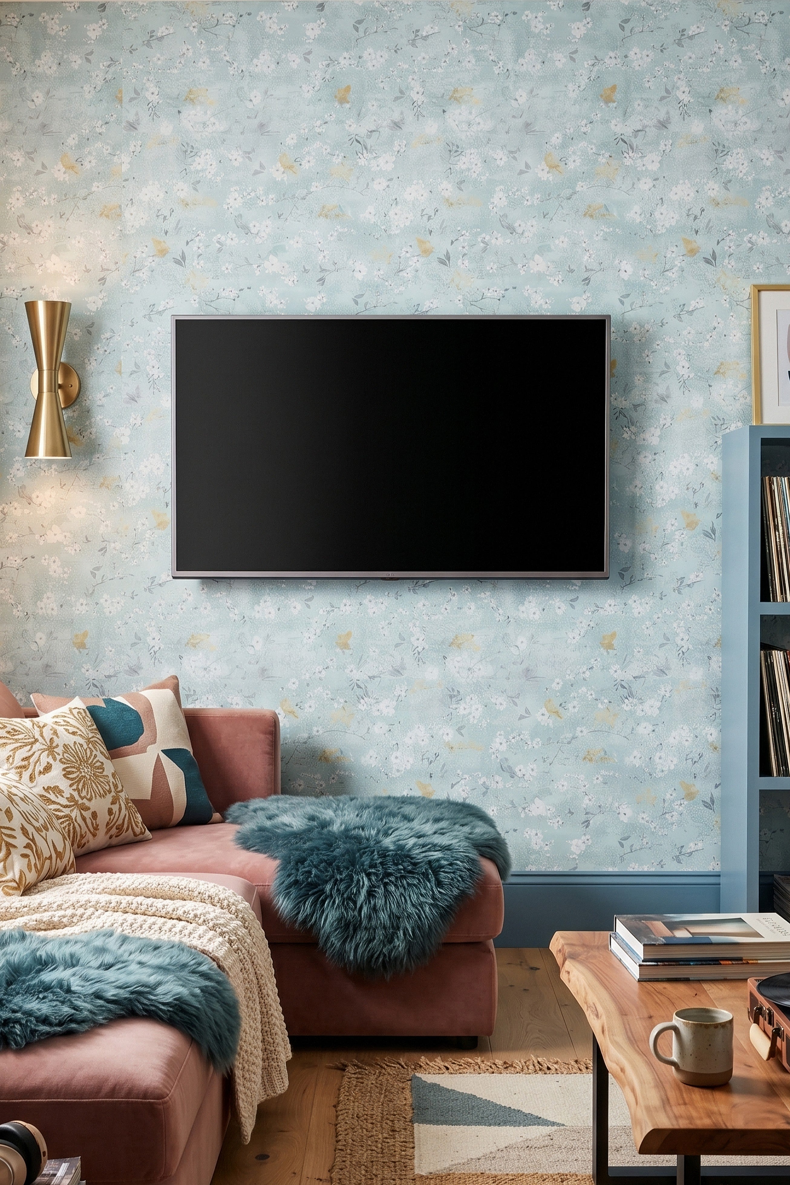Gilded Wren wallpaper shown in a media room