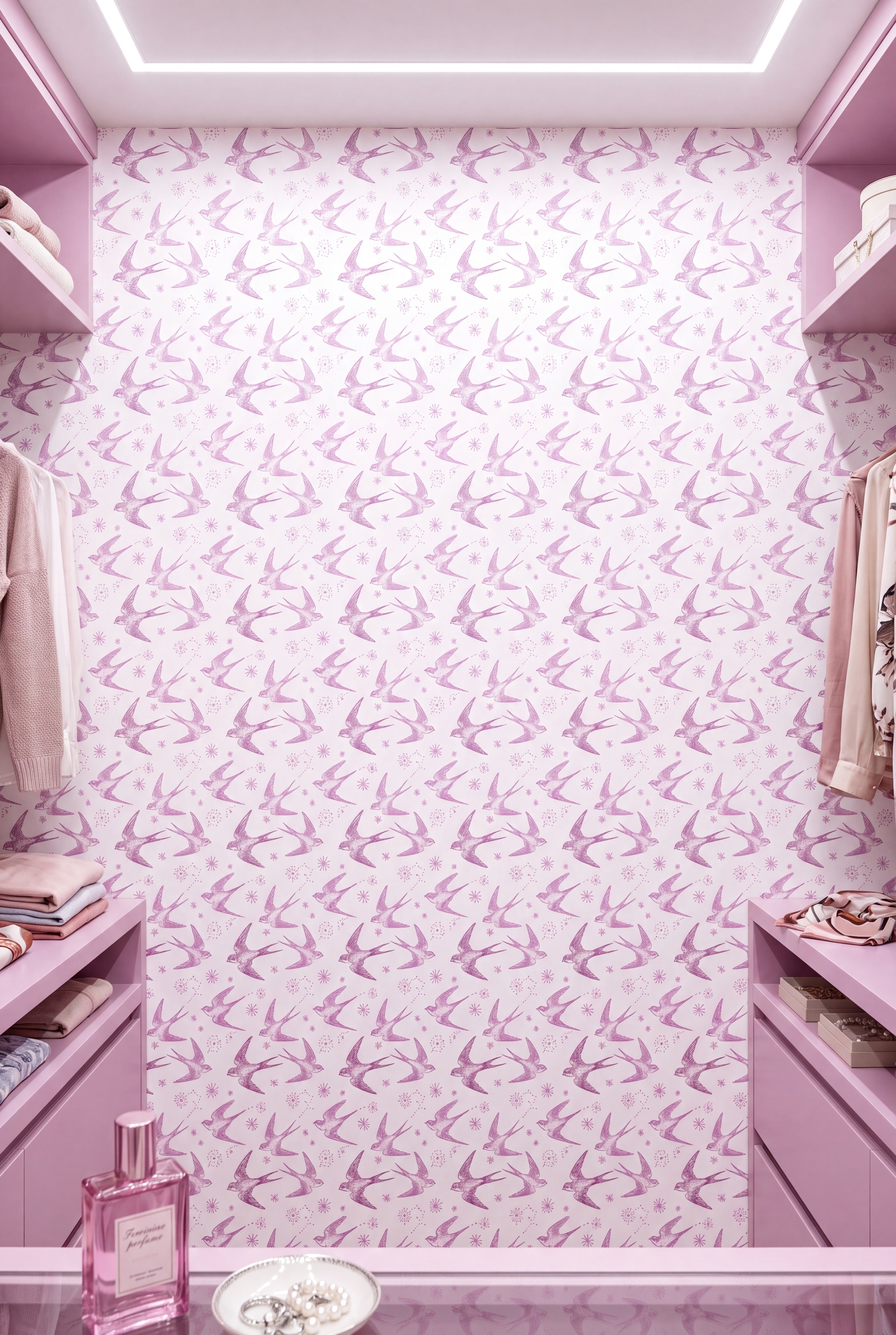 Swallow & Star wallpaper shown in a closet