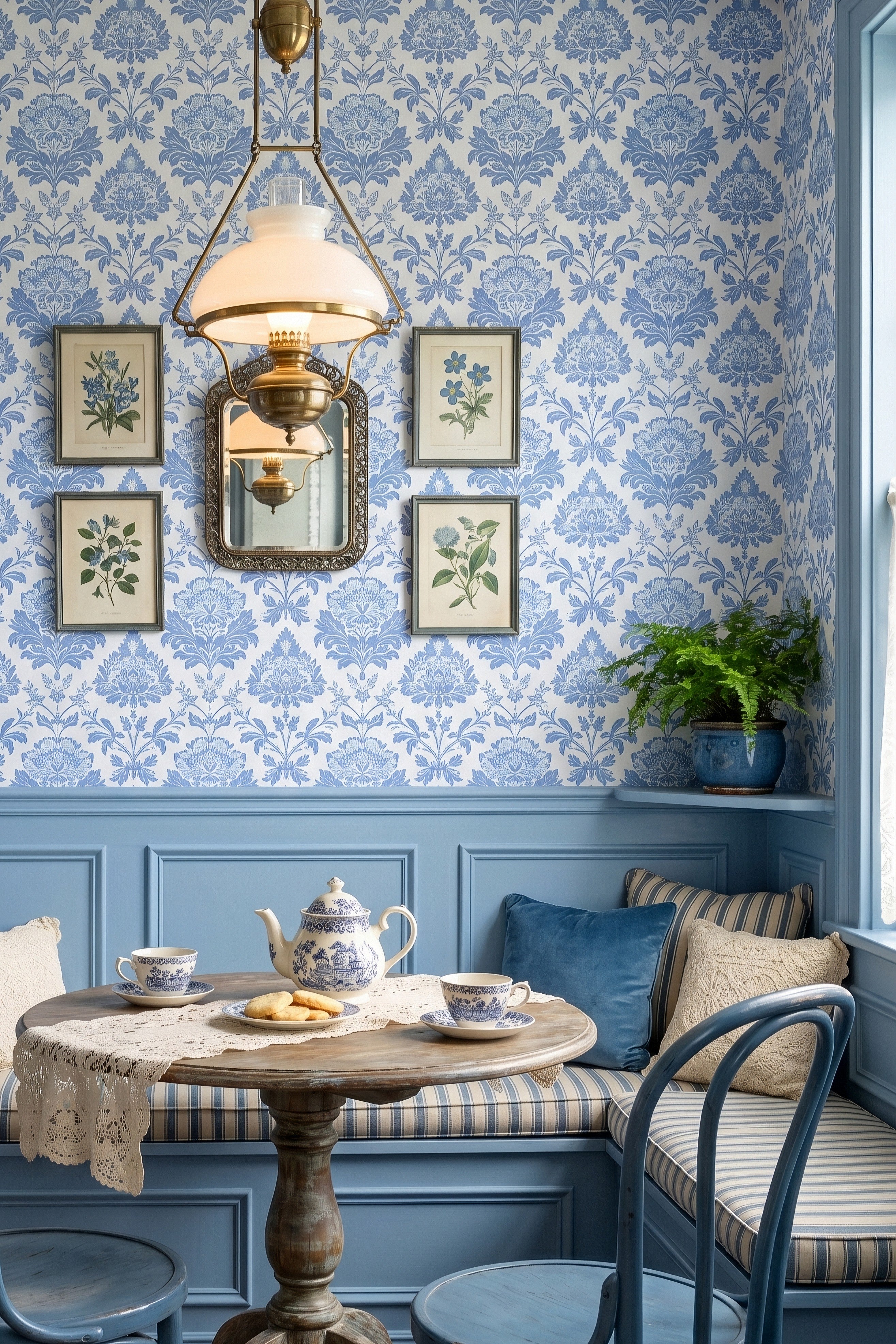 Windsor Damask wallpaper shown in a kitchen nook