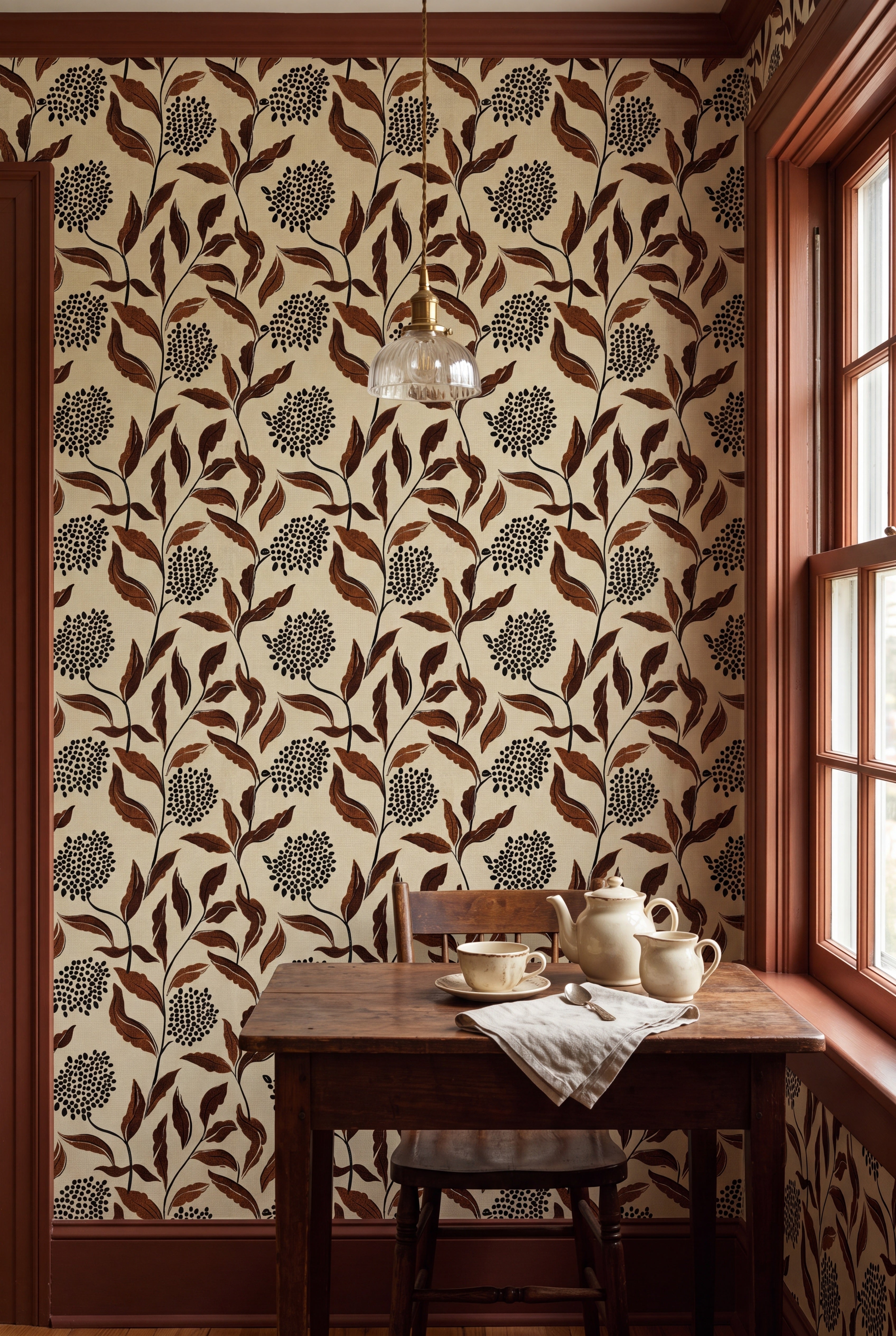 Cinnamon Leaf wallpaper shown in a cozy nook