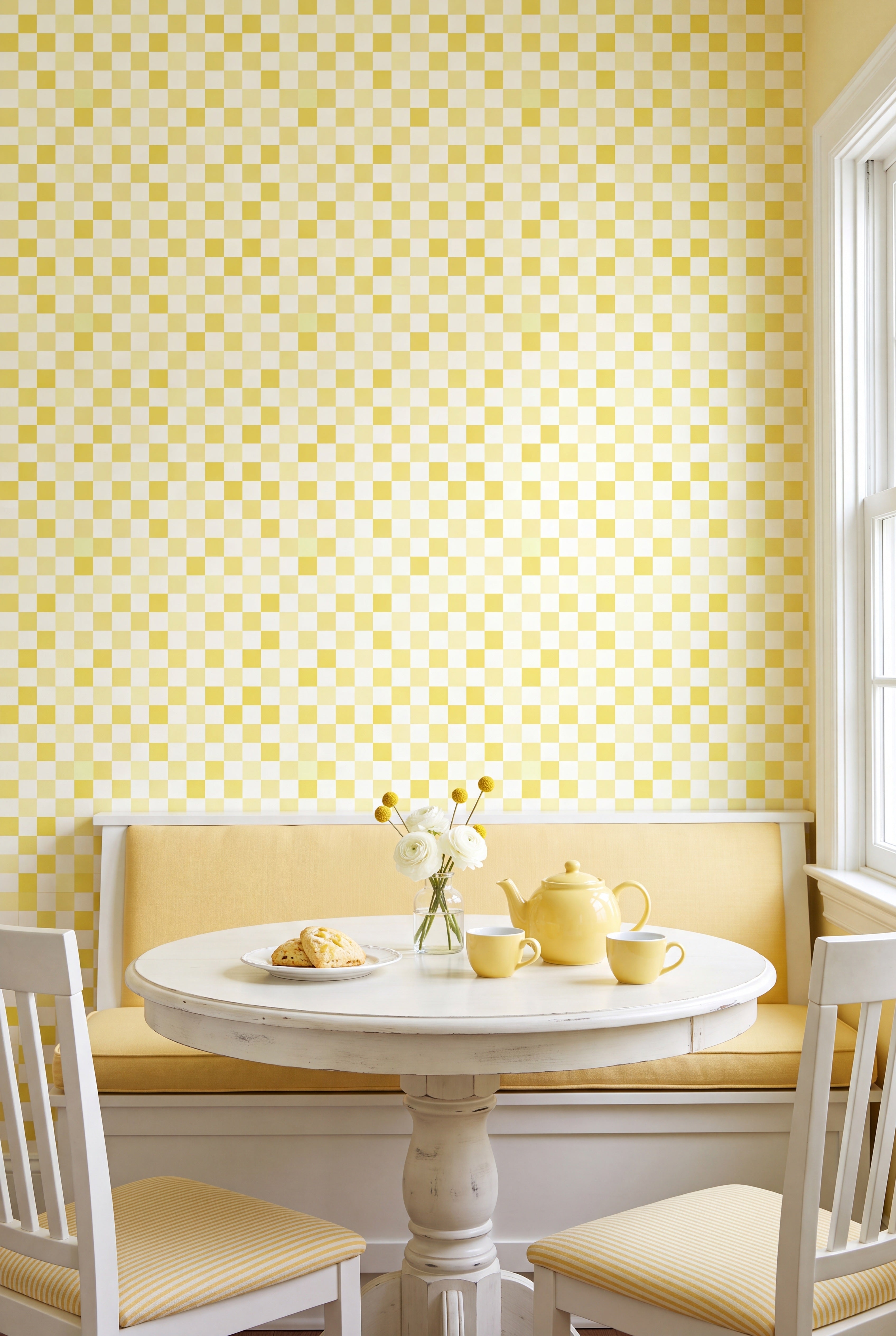 Lemon Check wallpaper shown in a cozy nook
