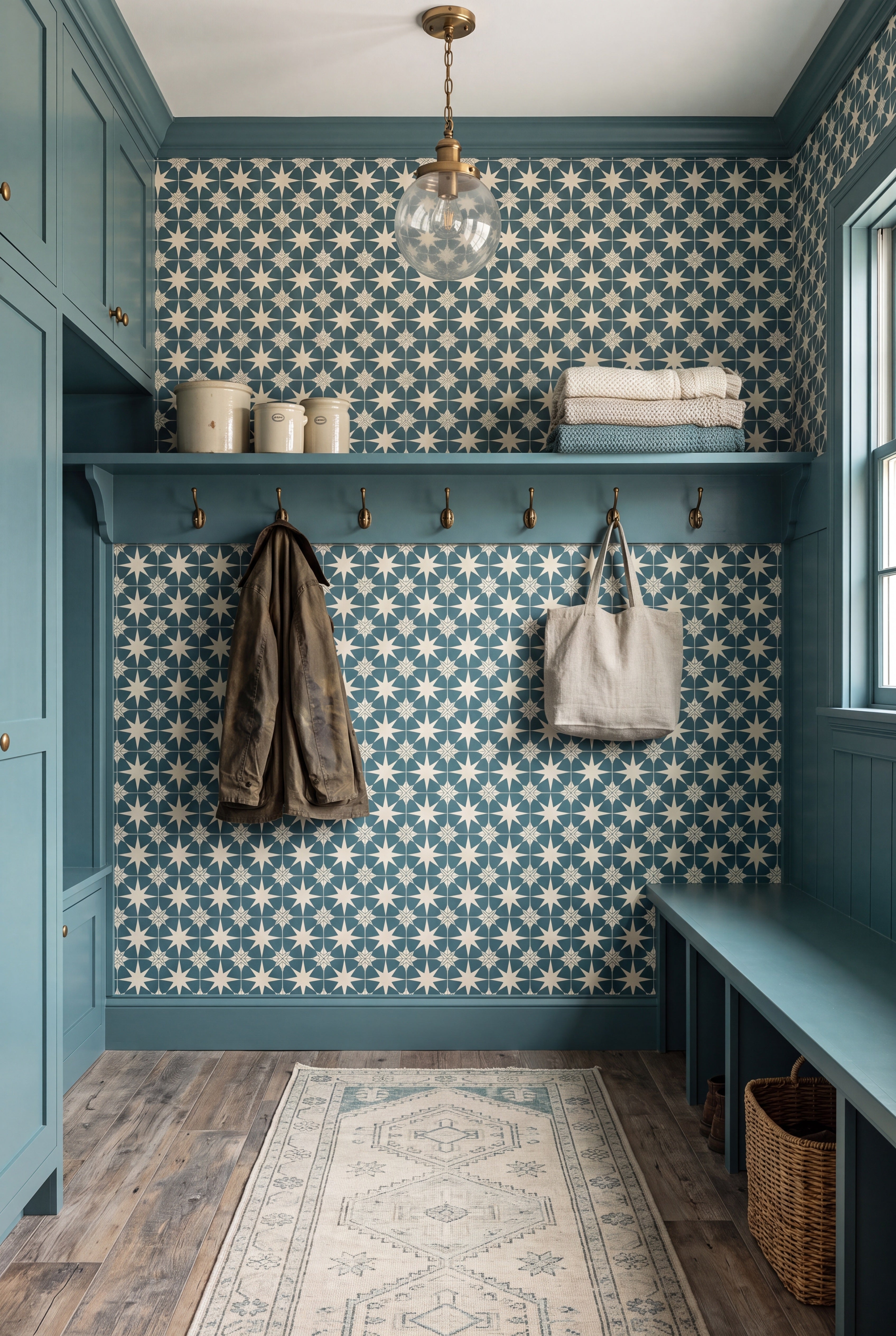 Casablanca wallpaper shown in a mudroom