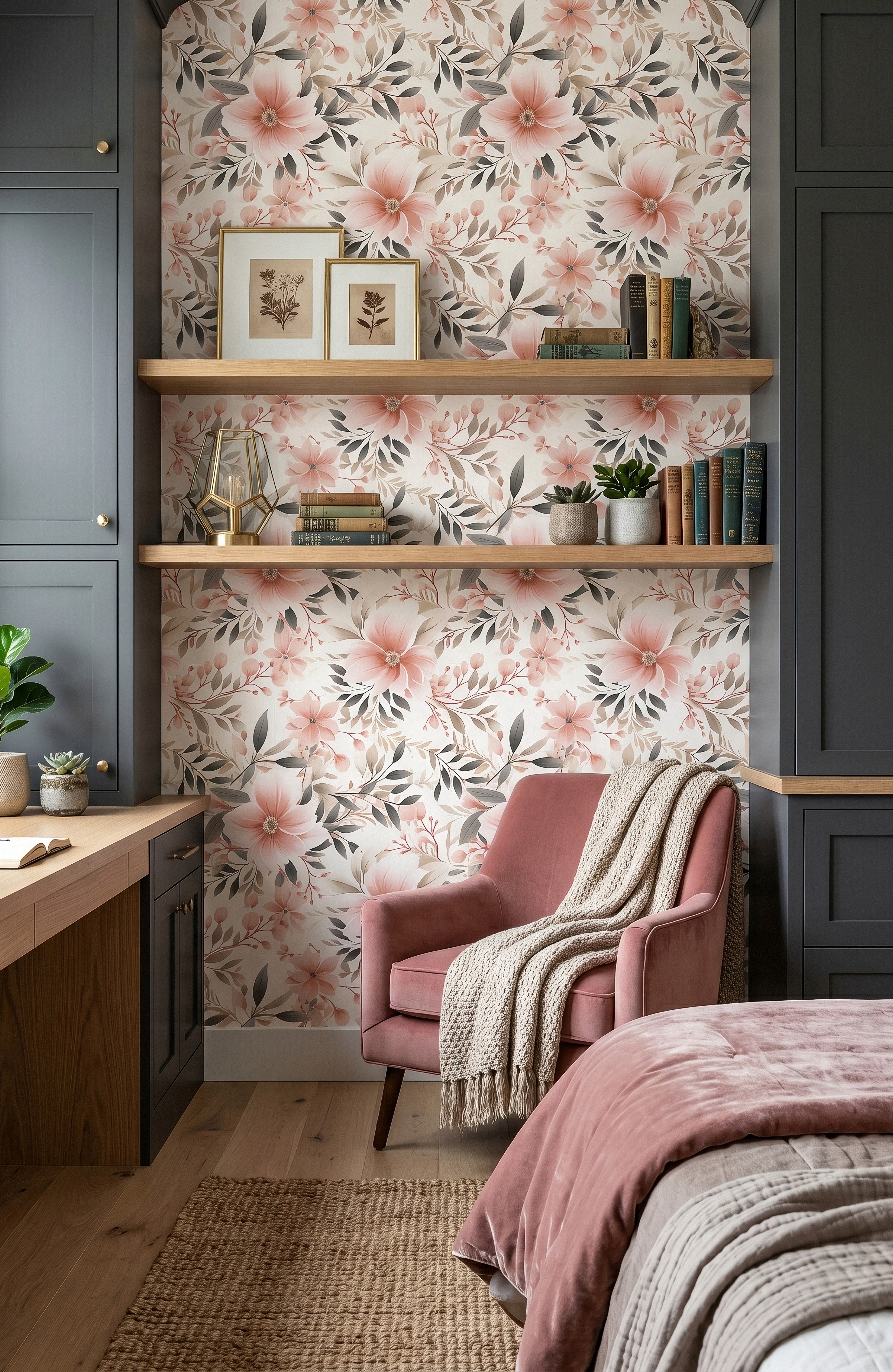Blush Botanica wallpaper shown in a bedroom