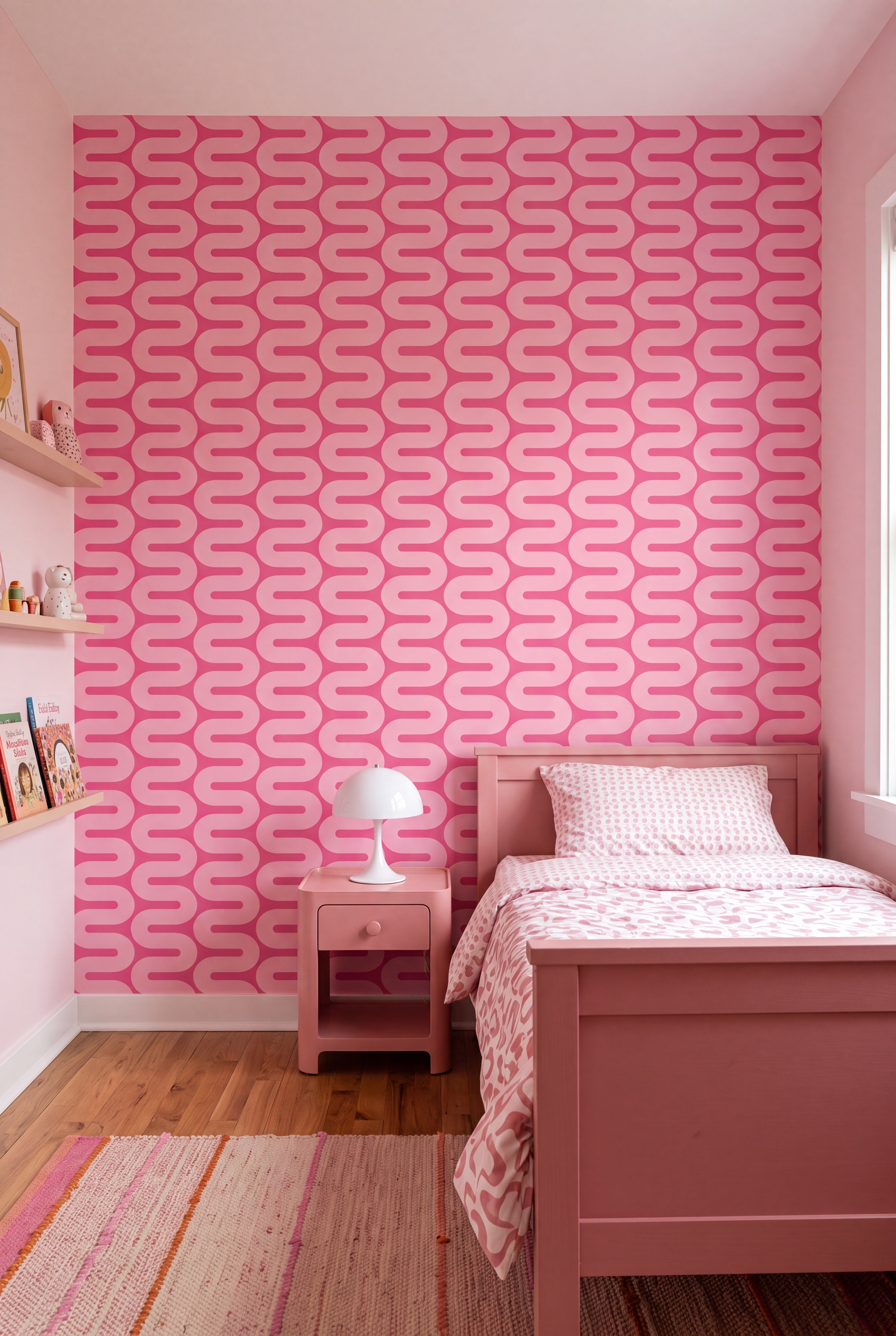 Pink Wiggle wallpaper shown in a kids' room