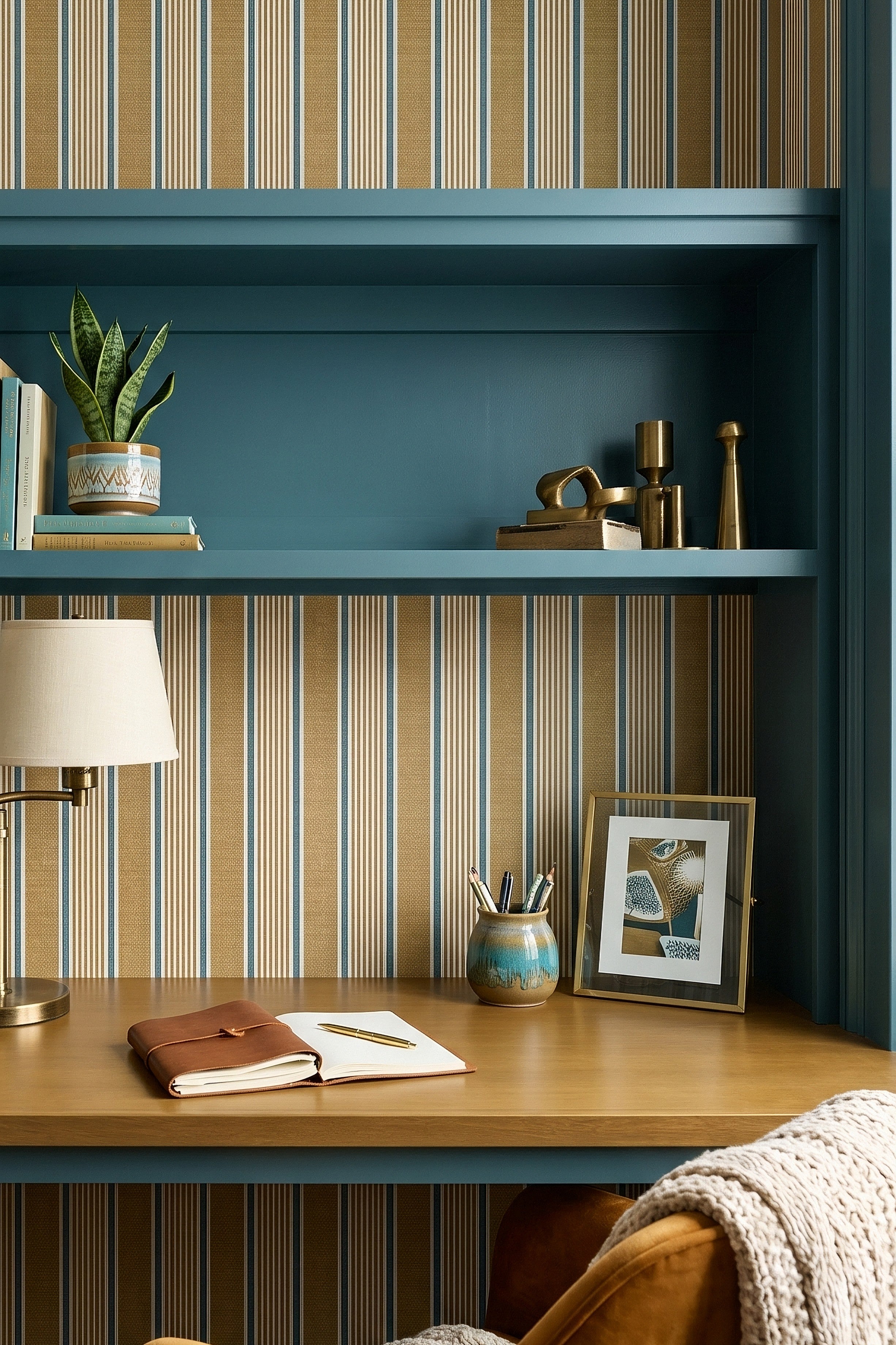 Marigold Stripe wallpaper shown in a home office