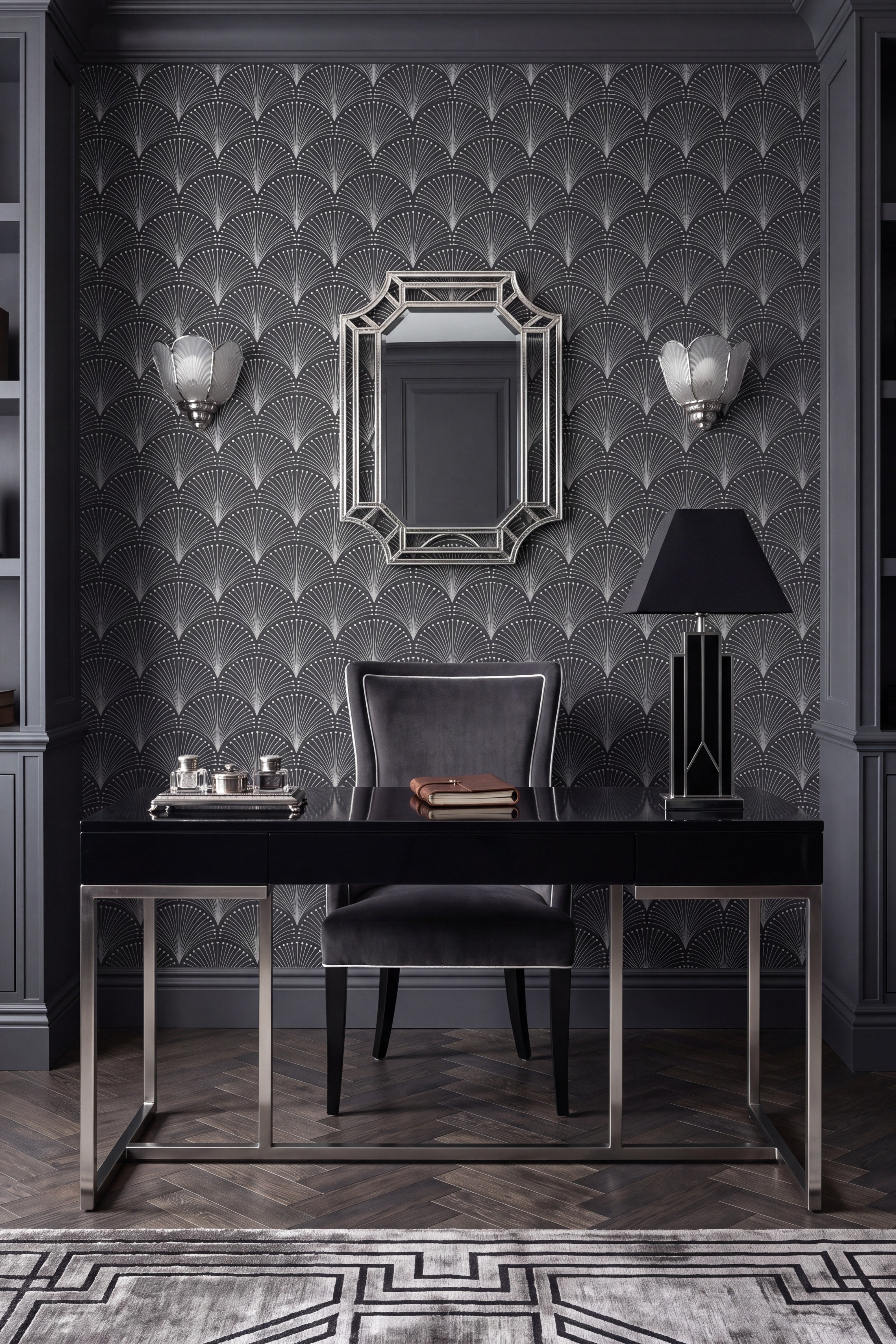 Palm Noir wallpaper shown in a home office