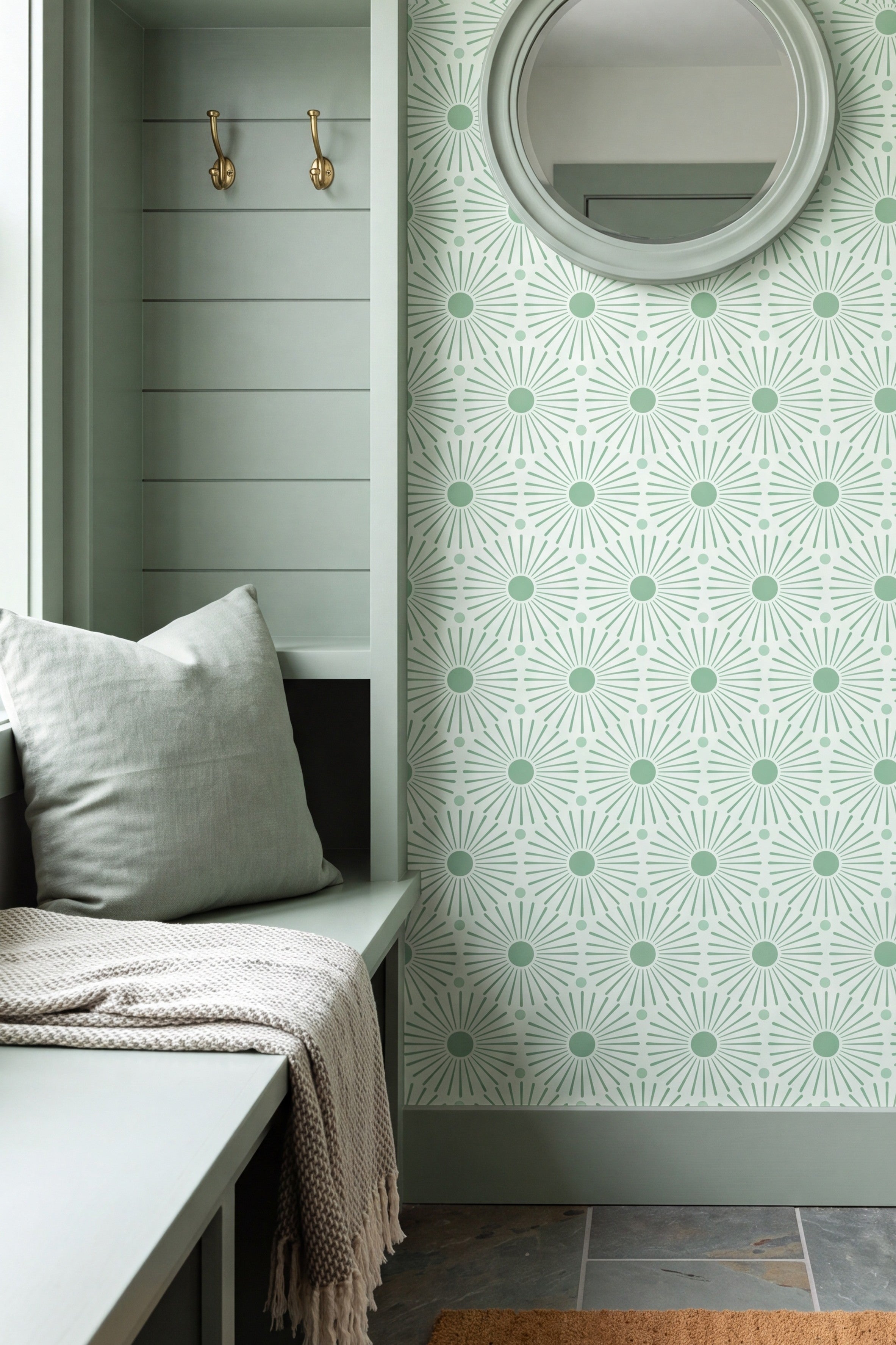 Mint Sunburst wallpaper shown in a mudroom