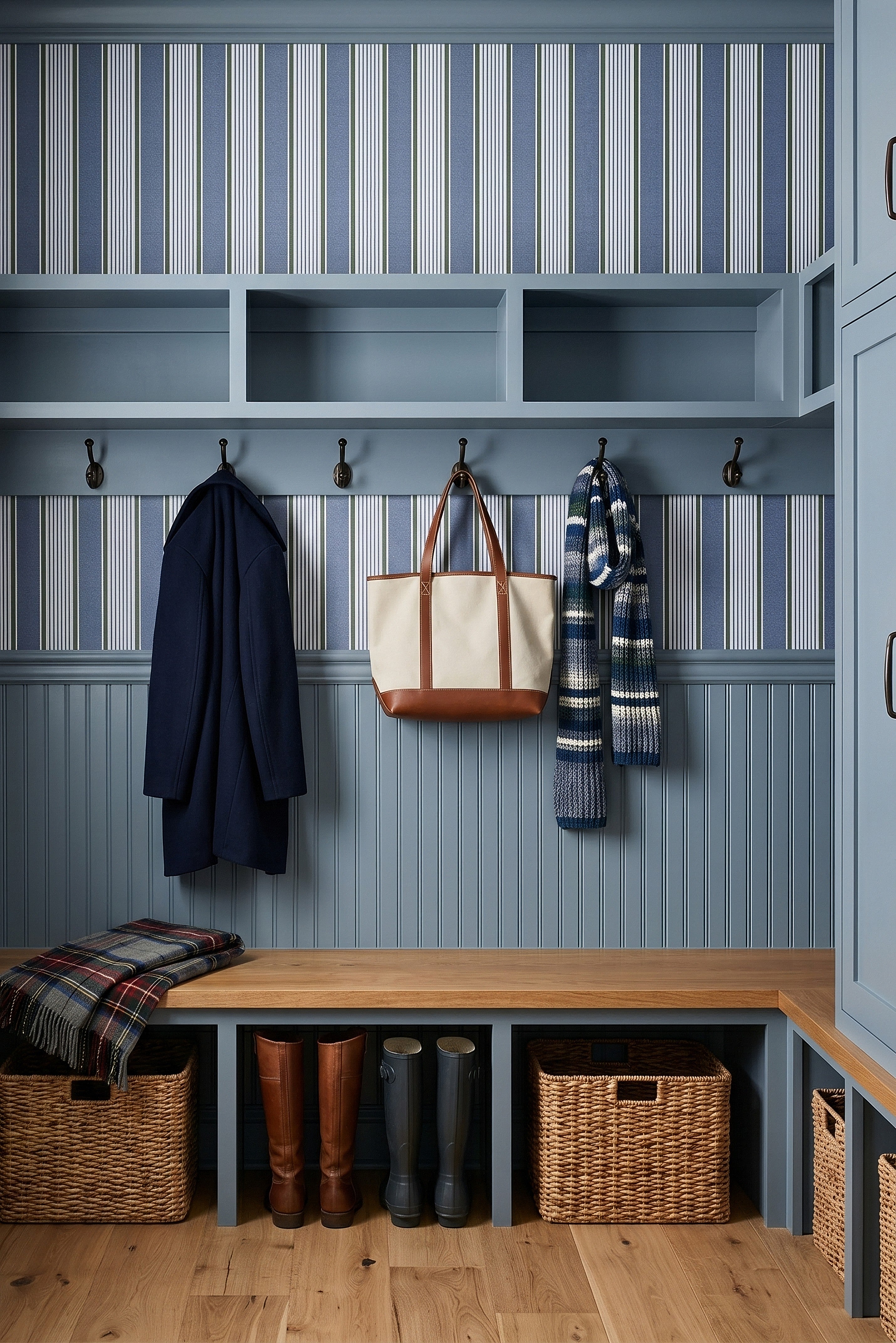 Juniper Stripe wallpaper shown in a mudroom