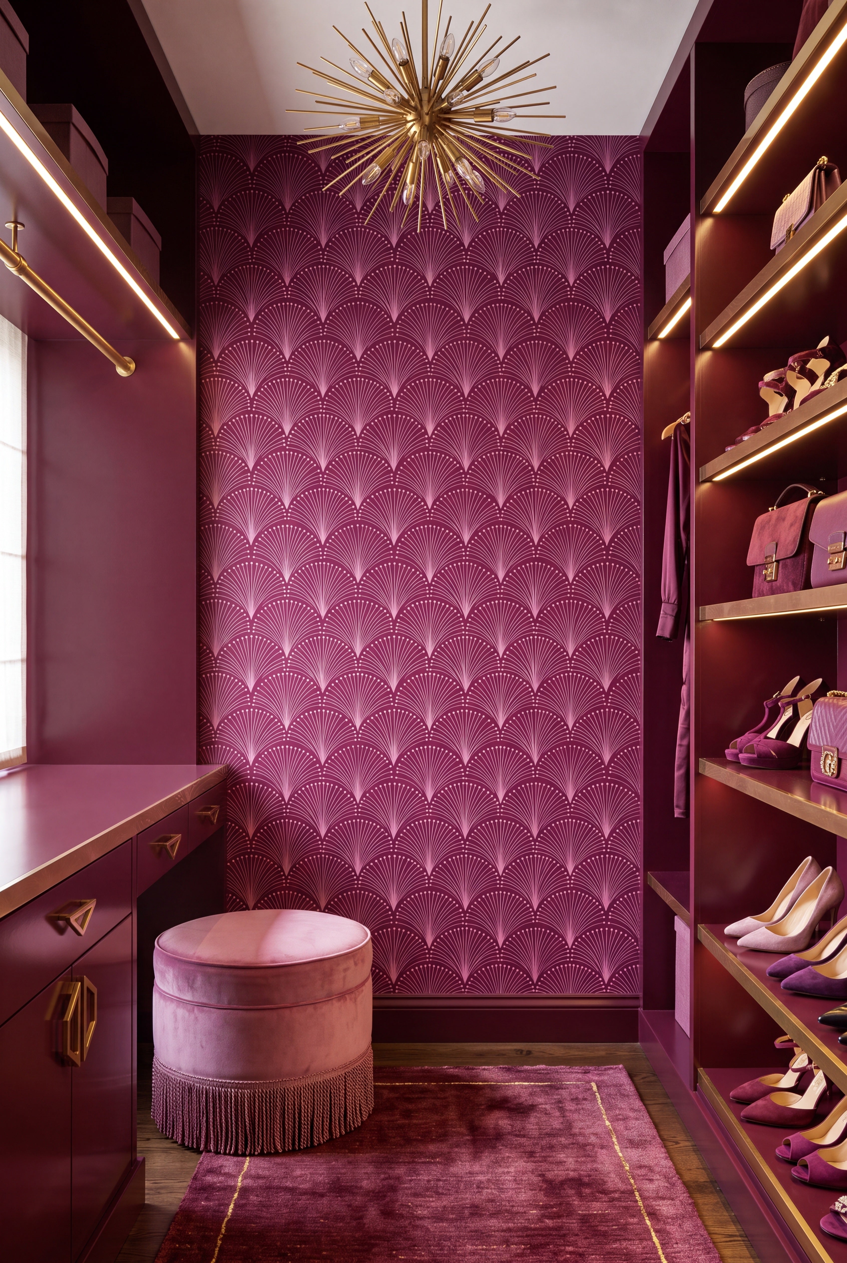 Plum Fan wallpaper shown in a closet